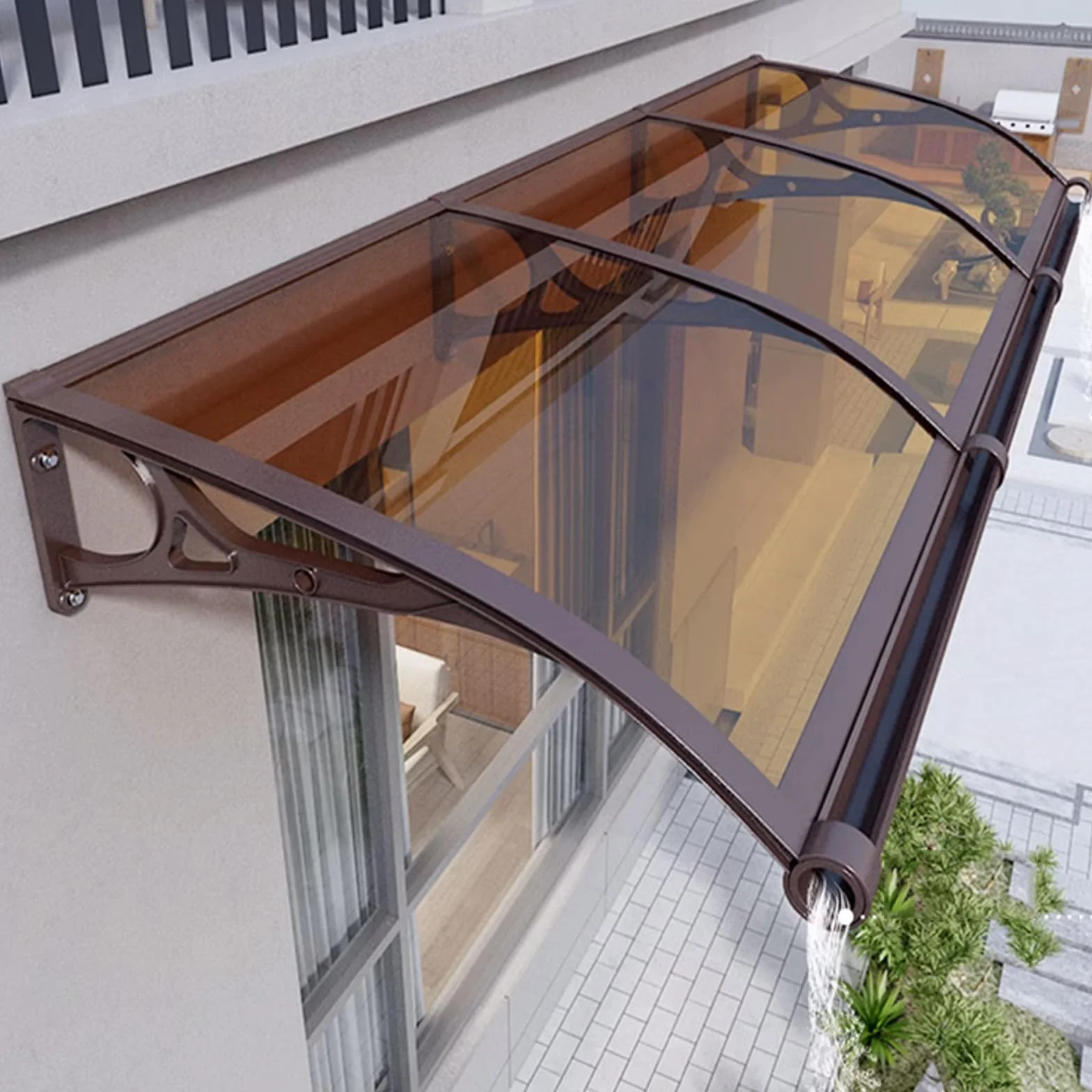 Marquesina para Puertas y Ventanas,Tejadillo de Protección Contra La Lluvia y La Nieve UV,Toldo Cubierta de Policarbonato Marrón con Fregadero Grande,Toldo de Entrada de Techo (80x160cm/31"x63")