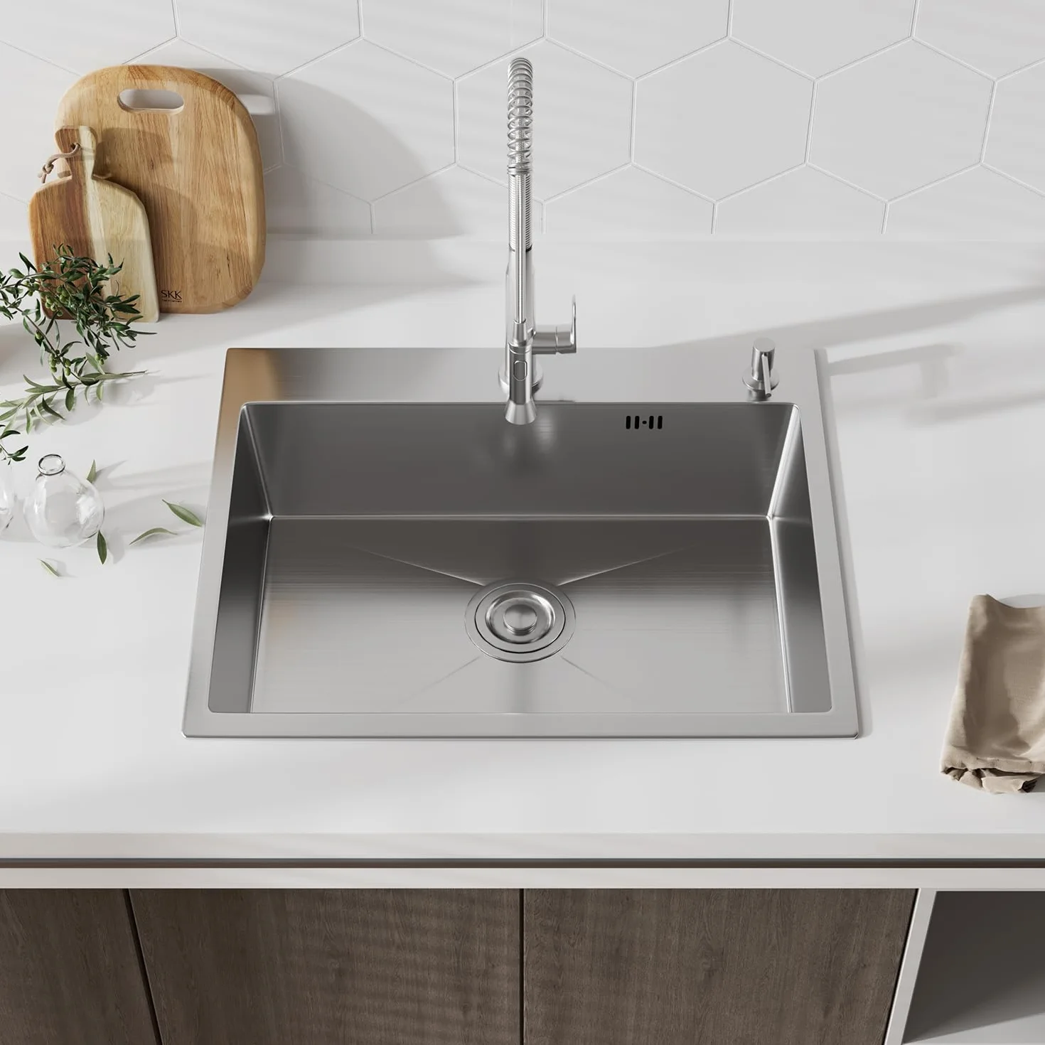Fregadero Cocina 50x45 cm, STANEW Fregadero Cocina 1 Seno,Fregadero Inox con Dispensador de Jabón y Sifón，Sobre Encimera,Adecuado para Cocinas Pequeñas y Autocaravanas.