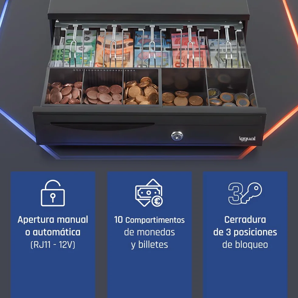 iggual Cajón Portamonedas IRON-30 Caja Efectivo Registradora Manual Automática 5 Billetes 5 Monedas Cerradura 3 Posiciones Acero Plástico Negro 42x40.5x10