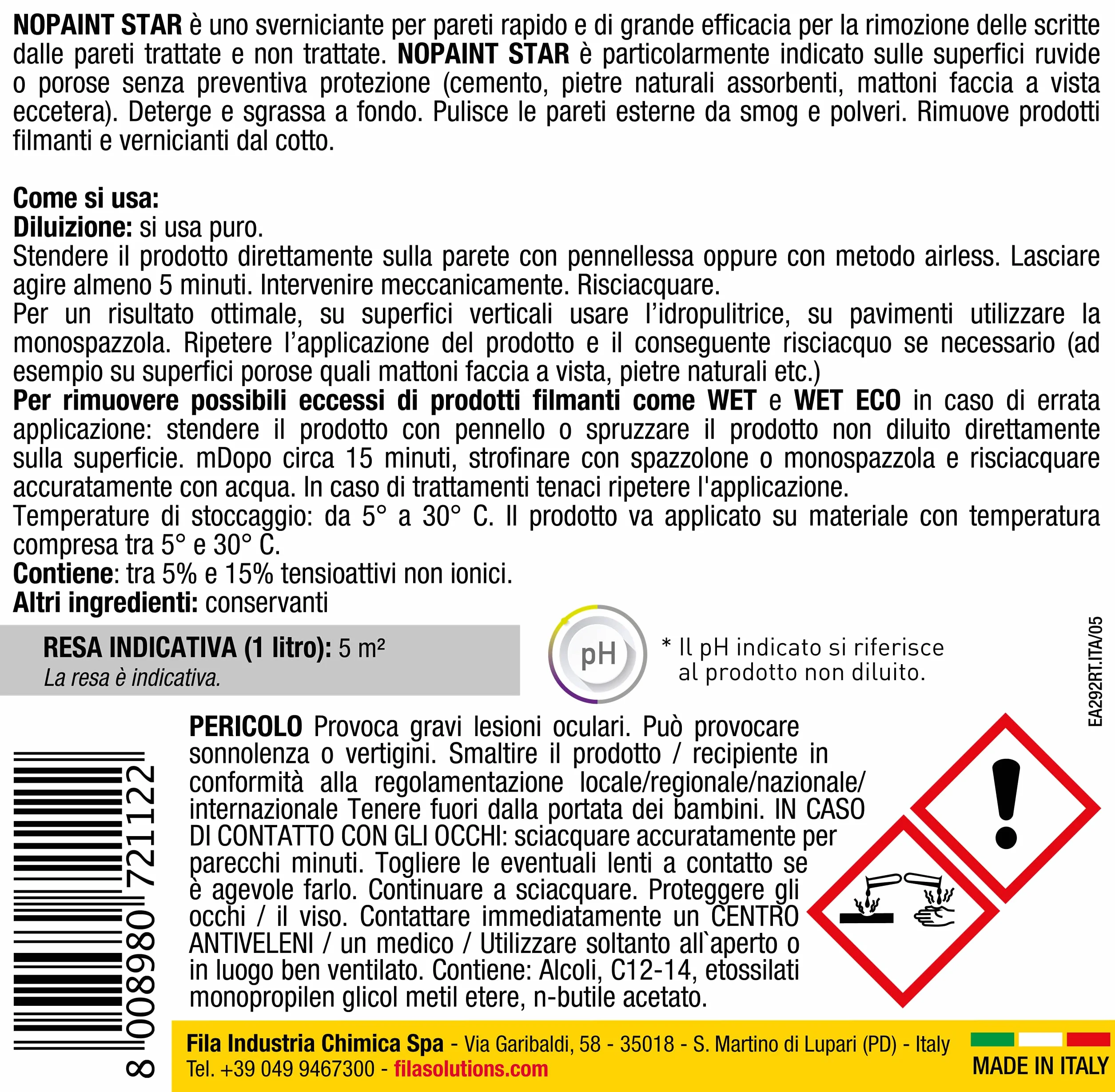 FILA Surface Care Solutions Fila No Paint Star - Limpiador Profesional de Gel a Base de Agua, removedor de Graffiti de Ladrillos, Cemento y Piedra Natural, 1 L