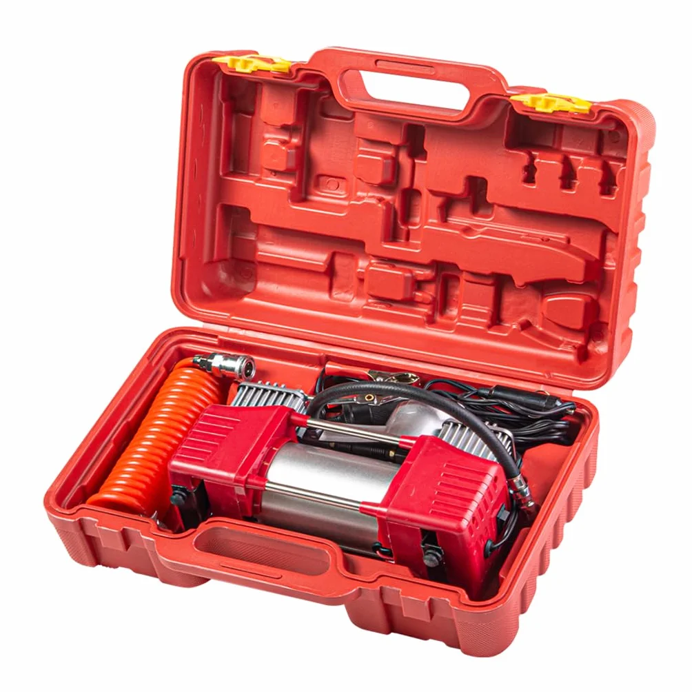 Compresor de Aire Portátil 12V 300W – 70L/min Doble Pistón con Manómetro, Conexión Mechero y Pinzas de Batería, Incluye Estuche con Accesorios – Para Coche, Moto y Furgoneta
