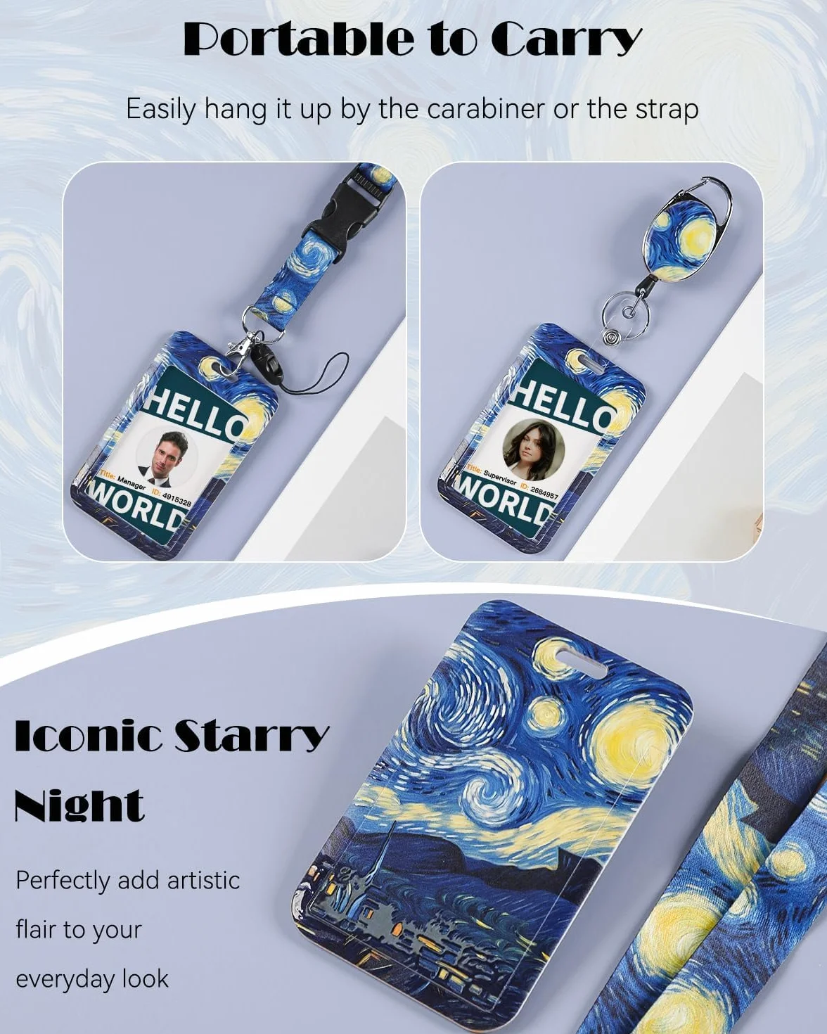 Uniclife Porta Tarjetas Identificativas La Noche estrellada Plástico Retráctil Mosquetón Cordón Desmontable Protector Vertical