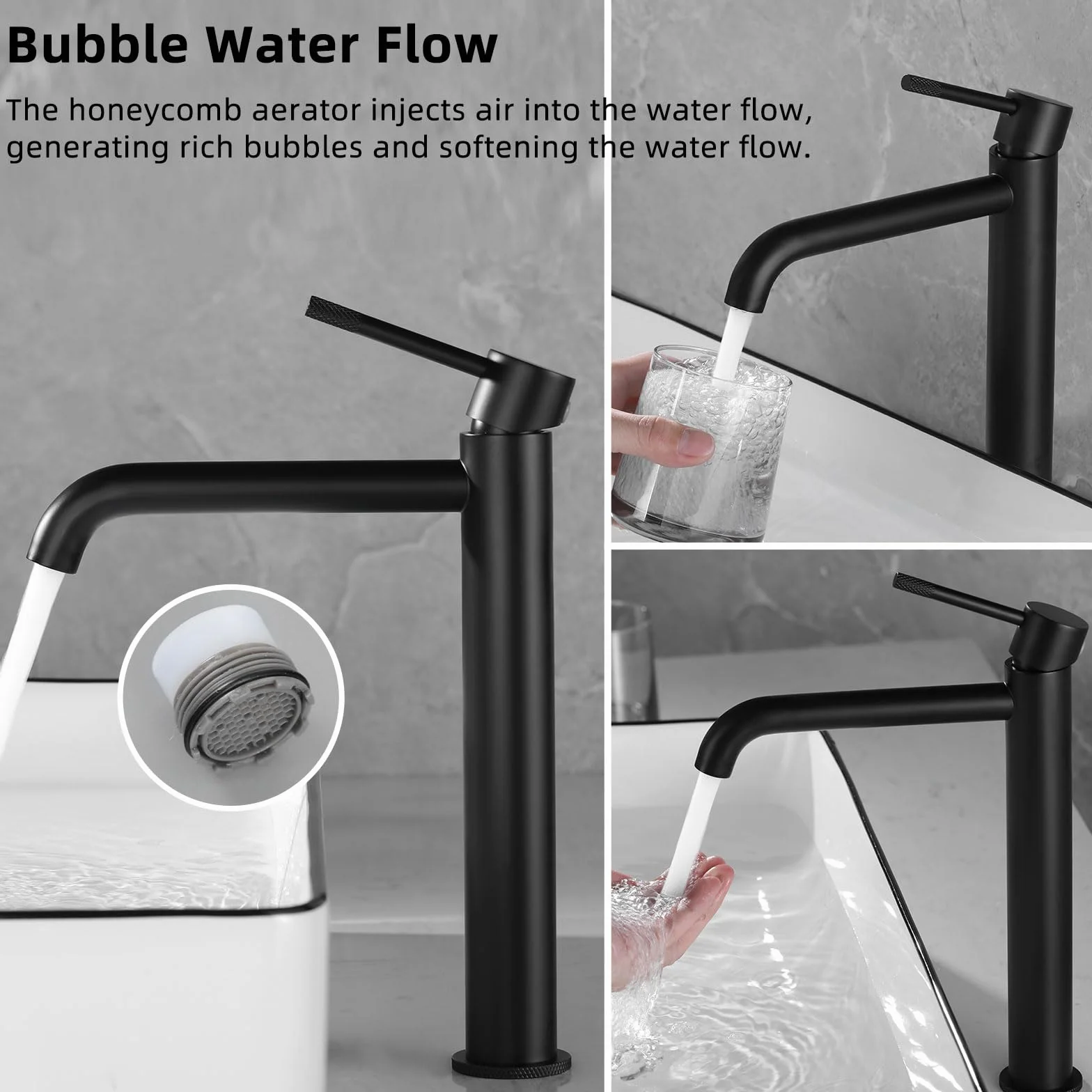 PHASAT Grifo para Lavabo de Baño Negro Alto, Grifo Monomando Lavabo de 304 Acero Inoxidable, Grifo Mezclador de Lavabo PTMP22B