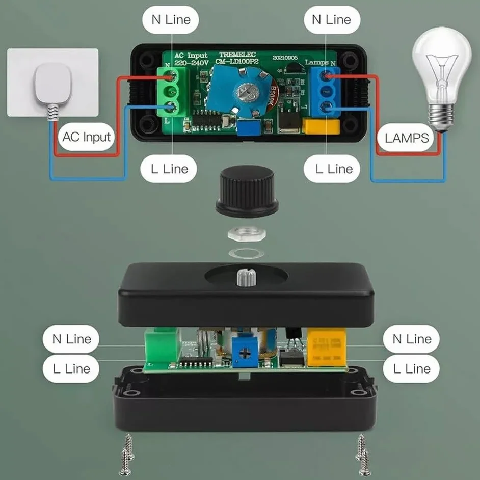 TECHZOCO Potenciómetro regulador de luz con Interruptor, Dimmer LED, Interruptor regulador intensidad, Atenuador de luz, Apto para 220-240VAC/50hz, Potencia ajustable: 3-100W, Conexión por tornillo