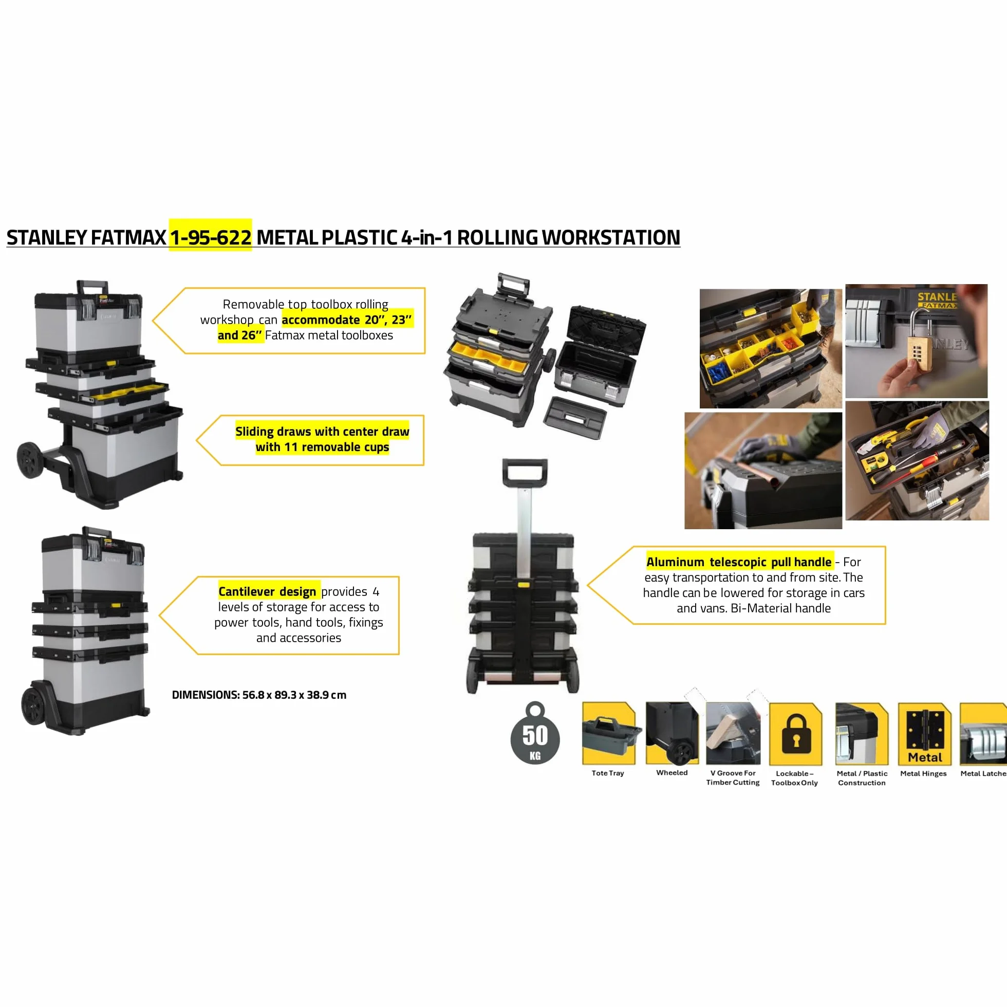 STANLEY FATMAX Taller Móvil Metálico, Carro de Herramientas, Caja Versátil para Piezas Pequeñas y Grandes, Ruedas 17cm, Cierres Metálicos Antioxidantes, 1-95-622