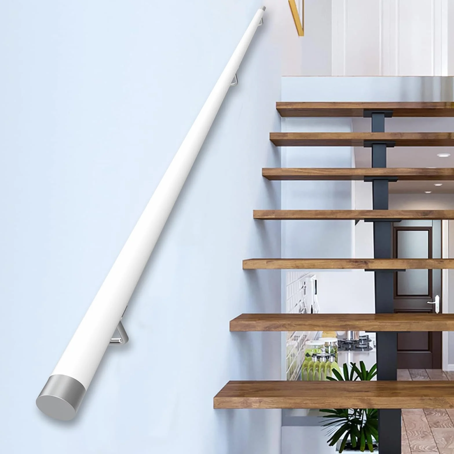 Pasamanos Escalera Madera, Barandilla de escalera antideslizante con soportes, Contra la Pared Kit de Barra de Agarre de Seguridad Para Ancianos y Niños, para Pasillo Villa Loft (Blanco, 250cm)
