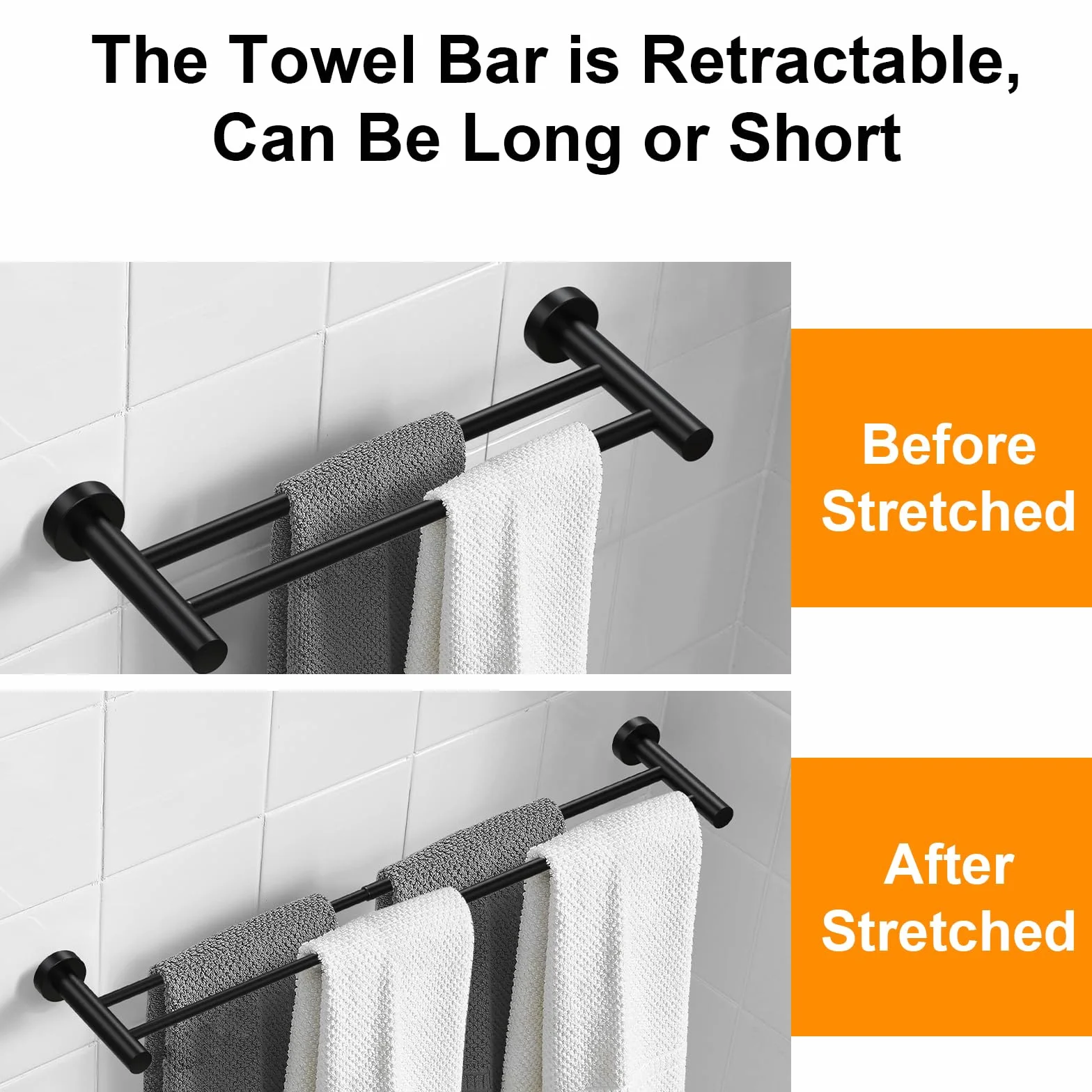 Toalleros Pared Toalleros Baño Toallero Barra Toalla de Mano Toallero Ajustable Retráctil 43-72CM para Montar en la Pared, toallero de Barra para Cocina, baño, Inodoro, Negro (Barra Doble)