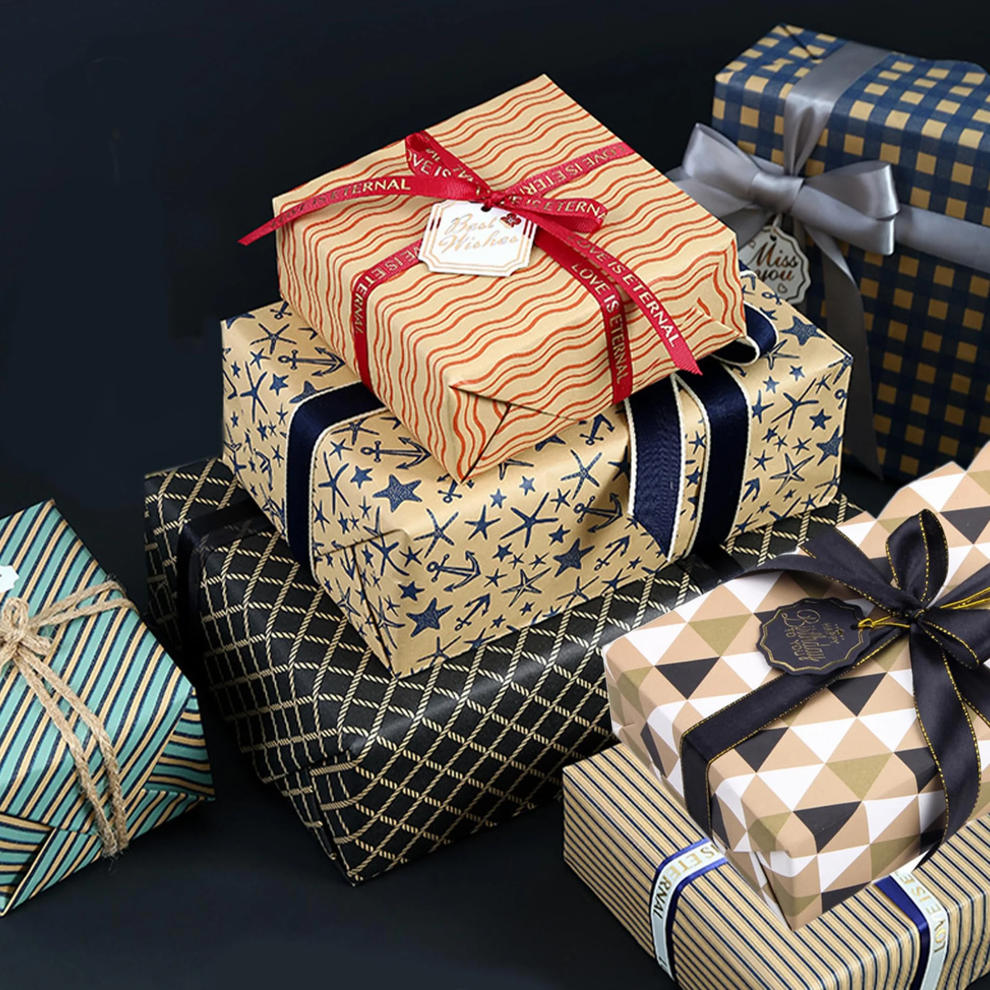 Dantolo 8 Piezas Papel Kraft Decorado 50x70cm para Envolver Regalos con Cuerda de Cáñamo