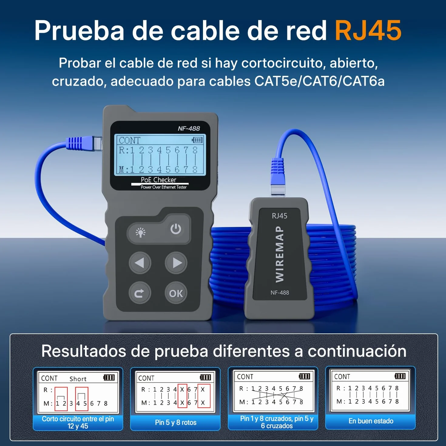 Mcbazel Probador de Red RJ45 con Pantalla LCD, DC Power & Switch Loop-back Test Poe Checker con Rastreador de Cable el Ethernet Kit de Herramientas de Red