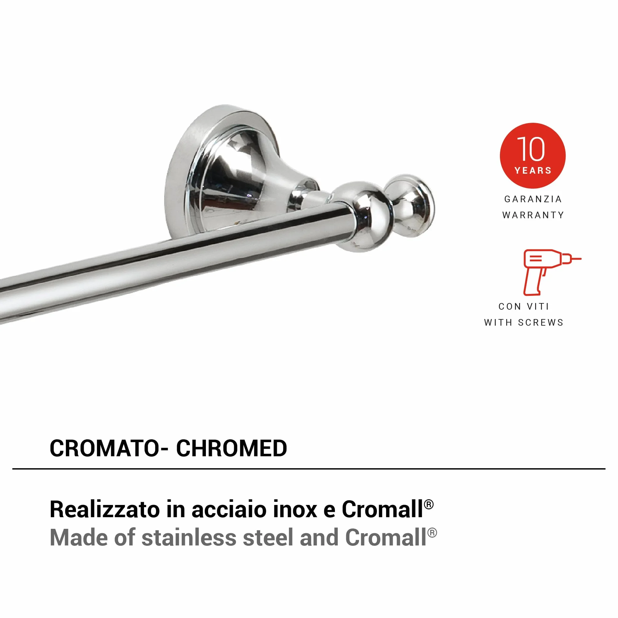 Gedy Nevis Toallero Barra Baño Pared 30cm Acero INOX Cromall Acabado Cromo Estilo Retro Clásico, Tornillos Incluidos