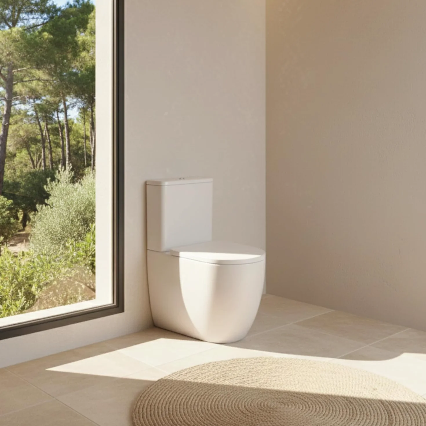 SOULHOME Pack Inodoro Completo Rimless Curvo Blanco Brillo | Tapa Amortiguada | Salida Horizontal/Vertical | Doble Descarga Eco | Pulsador Cromo