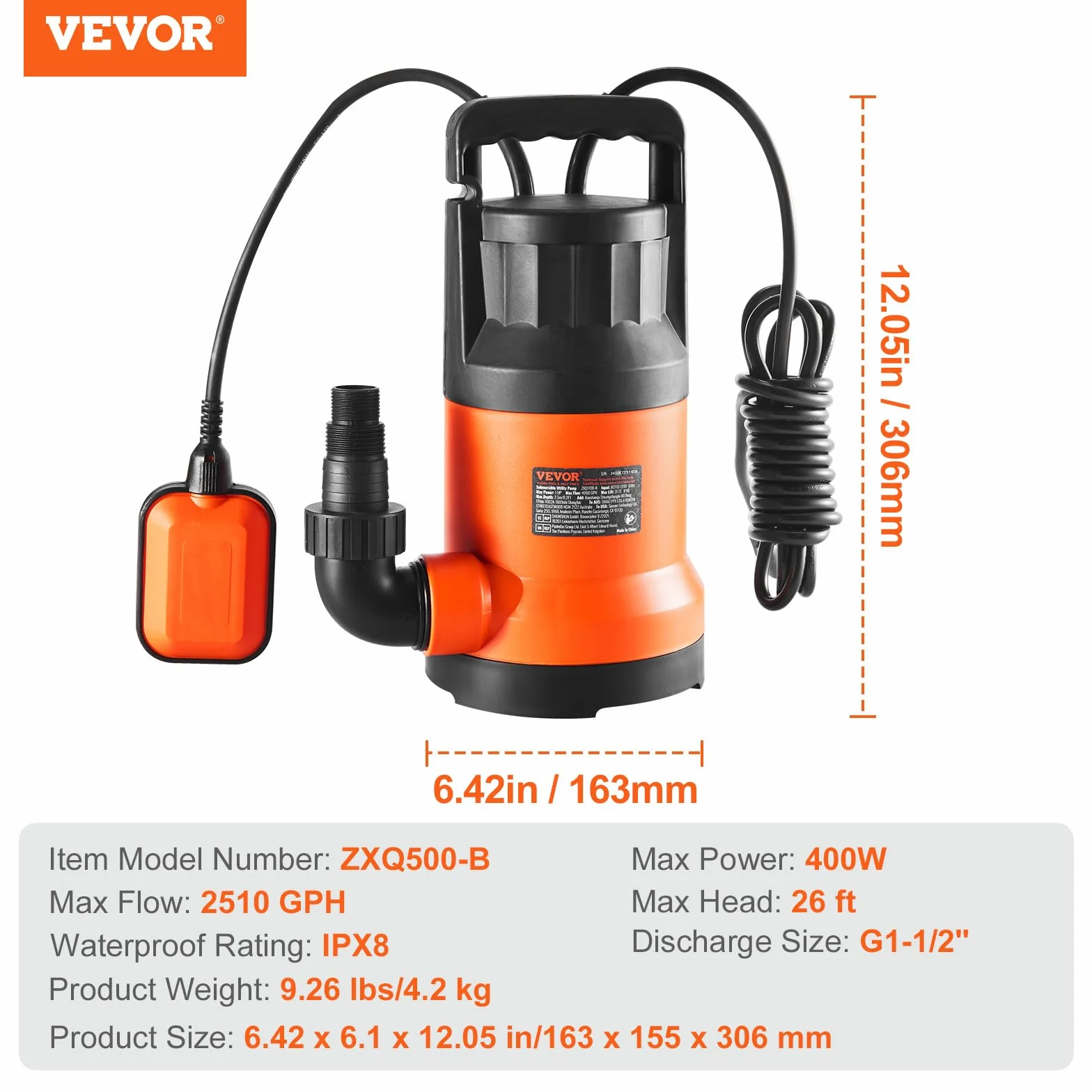VEVOR Bomba Sumergible 400W 9500L/H 7,9m Alto Flujo Sumidero