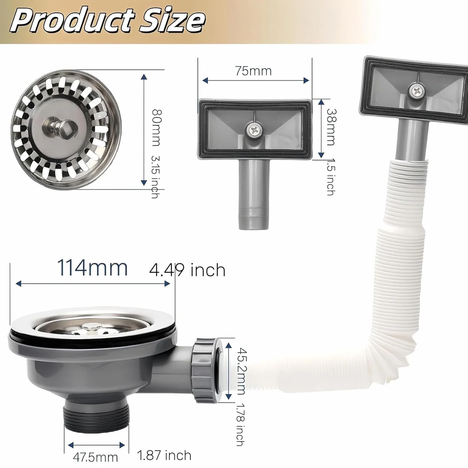 Válvula de cesta de acero inoxidable para desagüe de fregadero con rebosadero 114 mm sifón de cocina