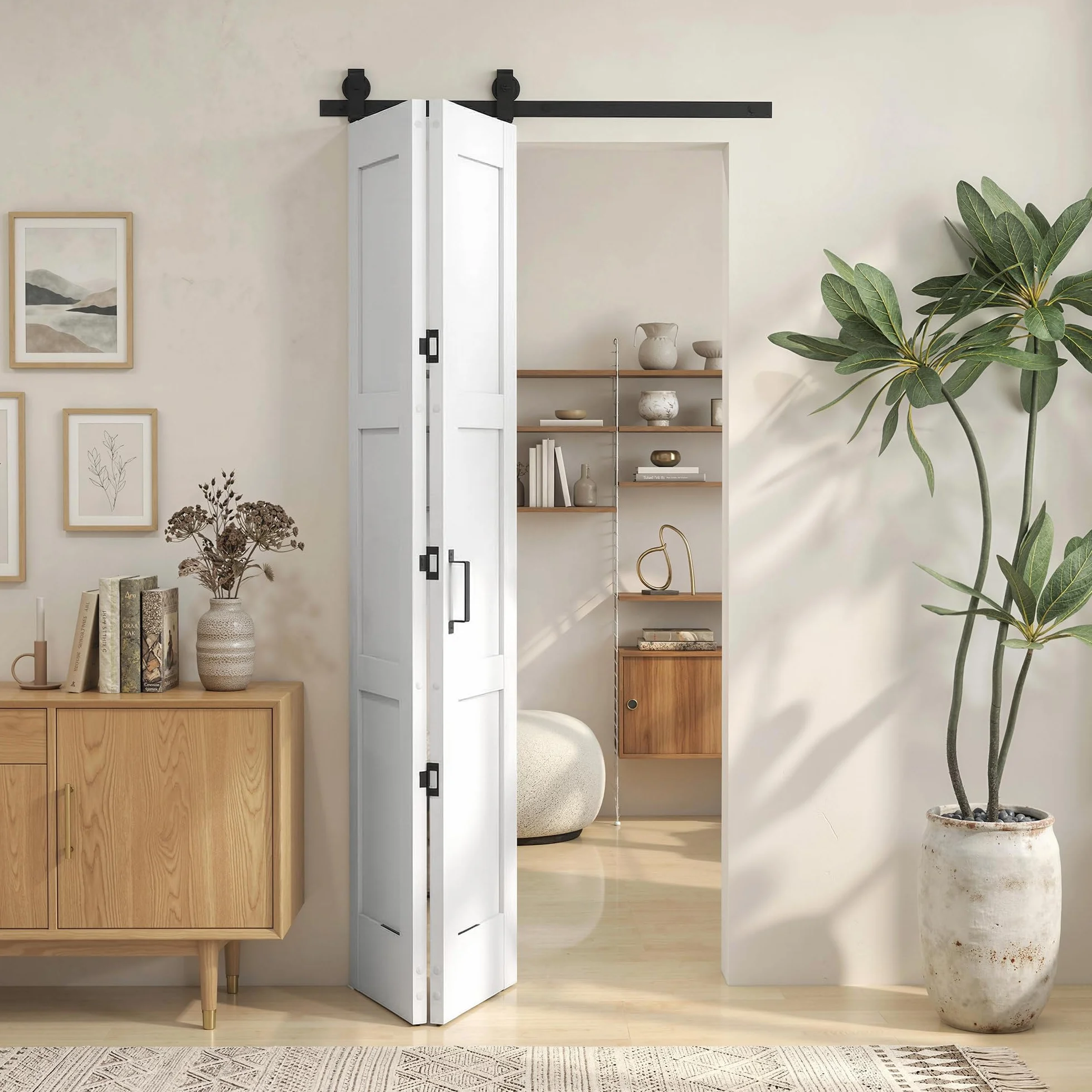 HOMCOM Puerta Corredera Plegable con Herrajes 91,4x213,4 cm, Puerta Corredera Interior con Rodillo, Riel de Acero, Guía de Suelo, Manija, para Baño, Salón, Sala de Estar, Blanco