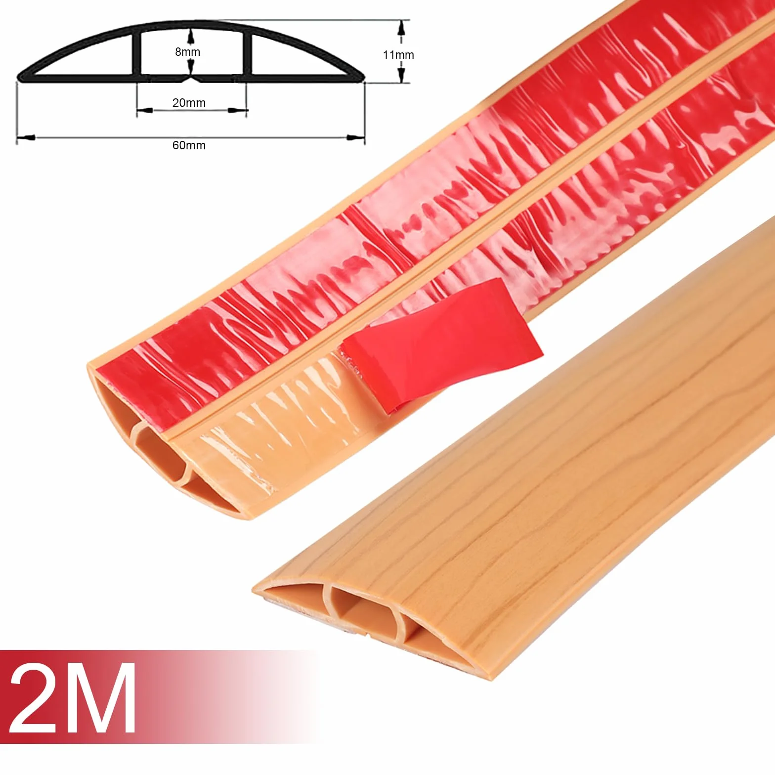 Protector de cable de suelo, flexible y cortable, protección de cable de PVC, autoadhesivo, cubierta para cables de suelo, protege los cables y evita tropiezos, 60 mm x 2 m, grano de madera amarilla
