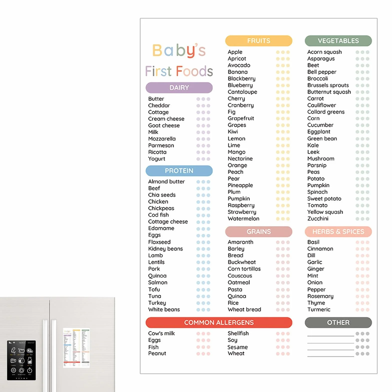 Pizarra magnética borrable de alimentos para bebés – 101 alimentos antes de 1 lista de comprobación