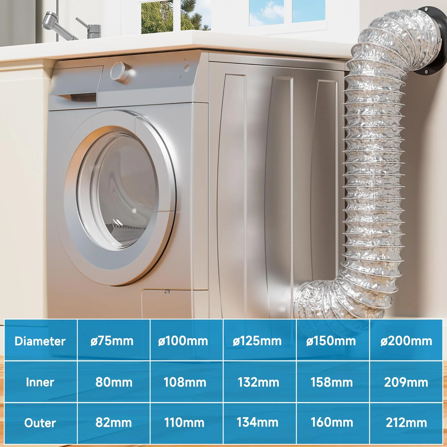 Hon&Guan Tubo flexible de aluminio de 200 mm Longitud 5 m, Manguera Flexible de Aluminio para Secadora, Campana Extractora, Ventilador de Tubos, Aire Acondicionado