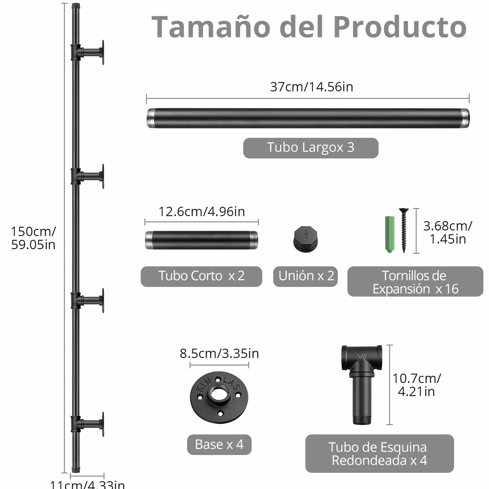 TANiCE Pasamanos Escalera 150 cm Negro de Acero Galvanizado Antideslizante Barandilla de Pared para Interior y Exterior con Soporte Seguro para Ancianos y Niños, Fácil Instalación Multifuncional