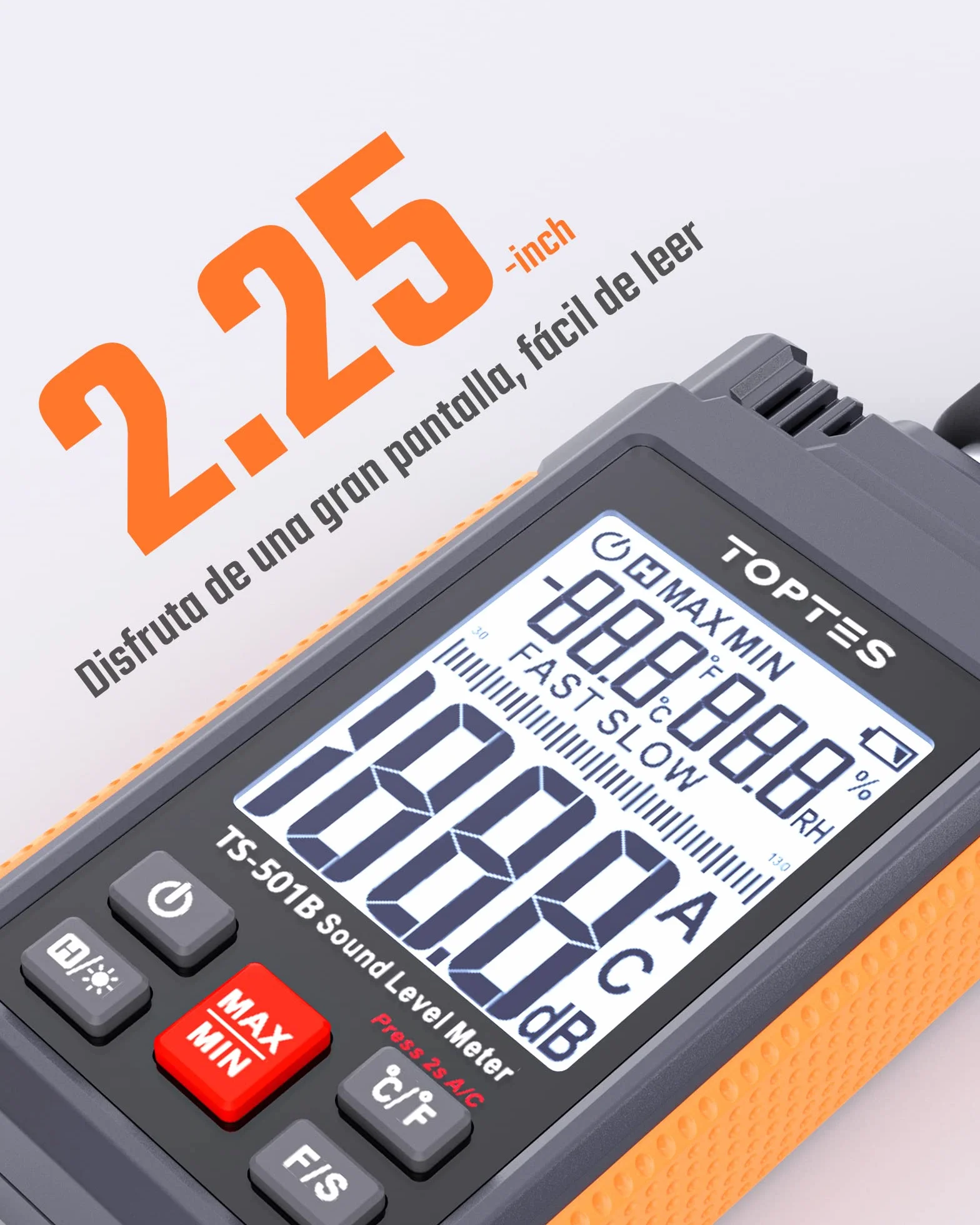 TopTes TS-501B Sonómetro Medidor de Decibelios 30-130 dB LCD 2,25" A/C Naranja