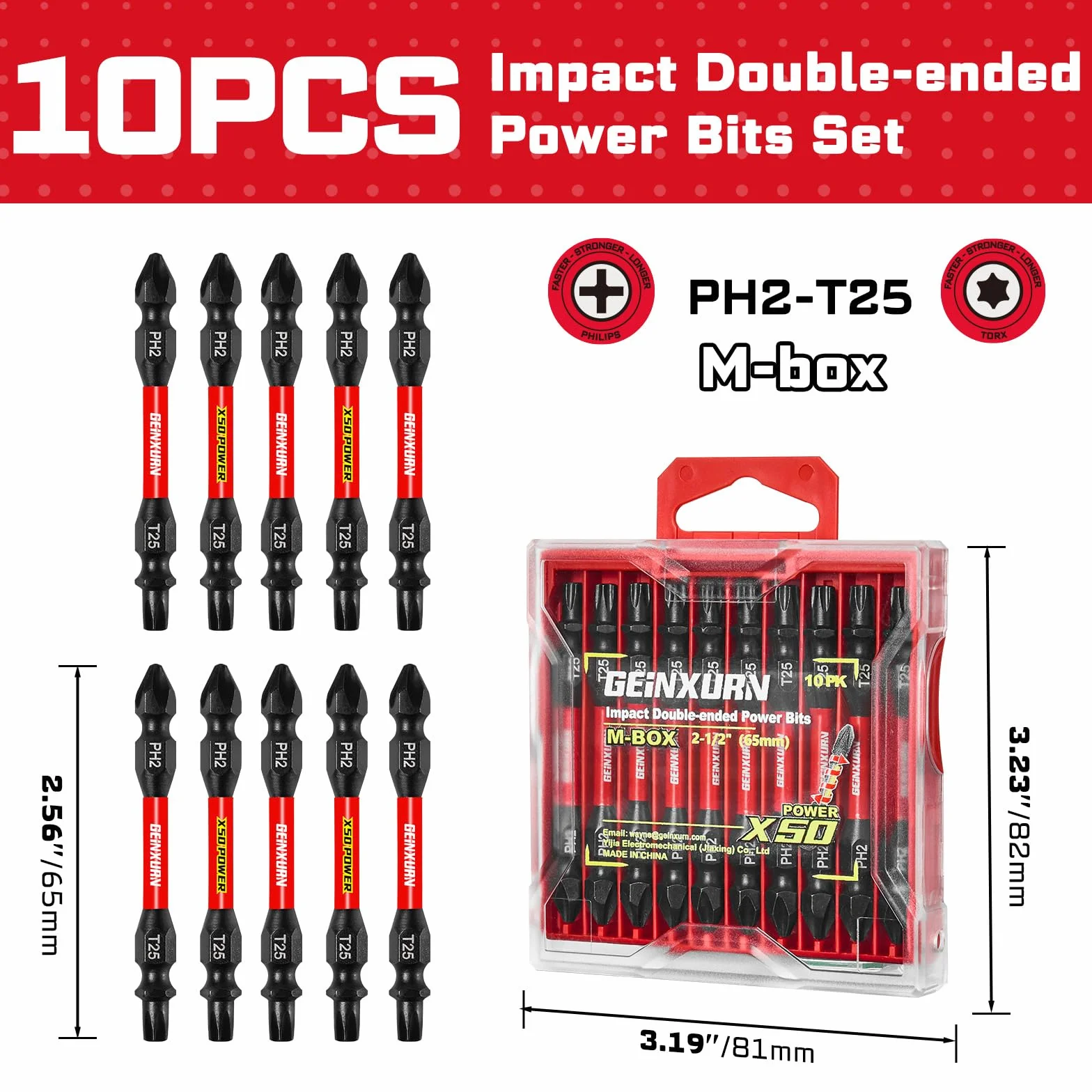 Geinxurn Juego de 10 puntas de destornillador de doble extremo PH2-T25 de 2.56 pulgadas. Brocas de destornillador de potencia Torx #2 Phillips/#25, juego de puntas de destornillador magnéticas de