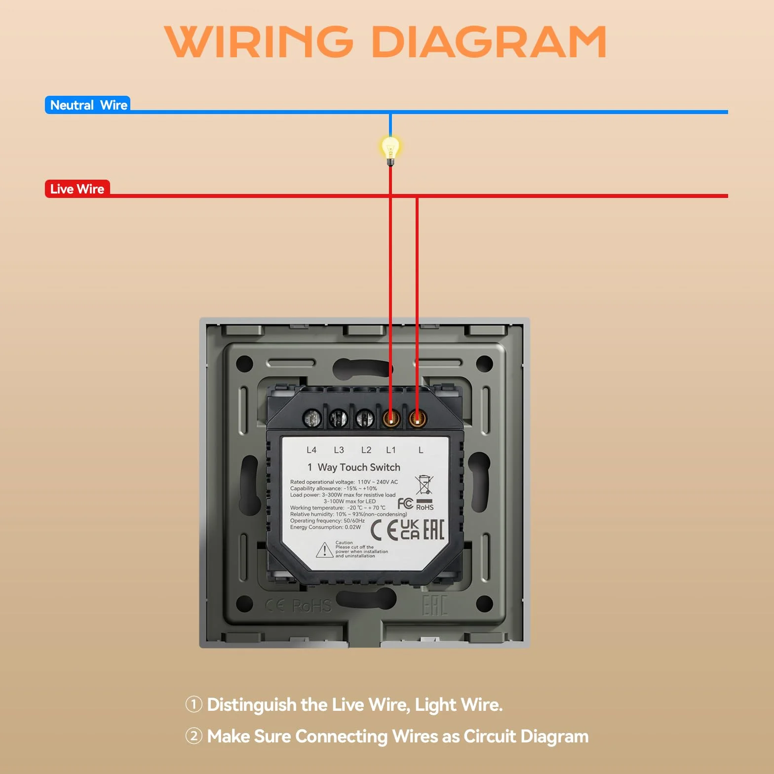 BSEED Interruptor Tactil luz pared,Vidrio Panel con luz Piloto,Sin Función Wifi,1 Gang 1 Vía,86mm Blanco