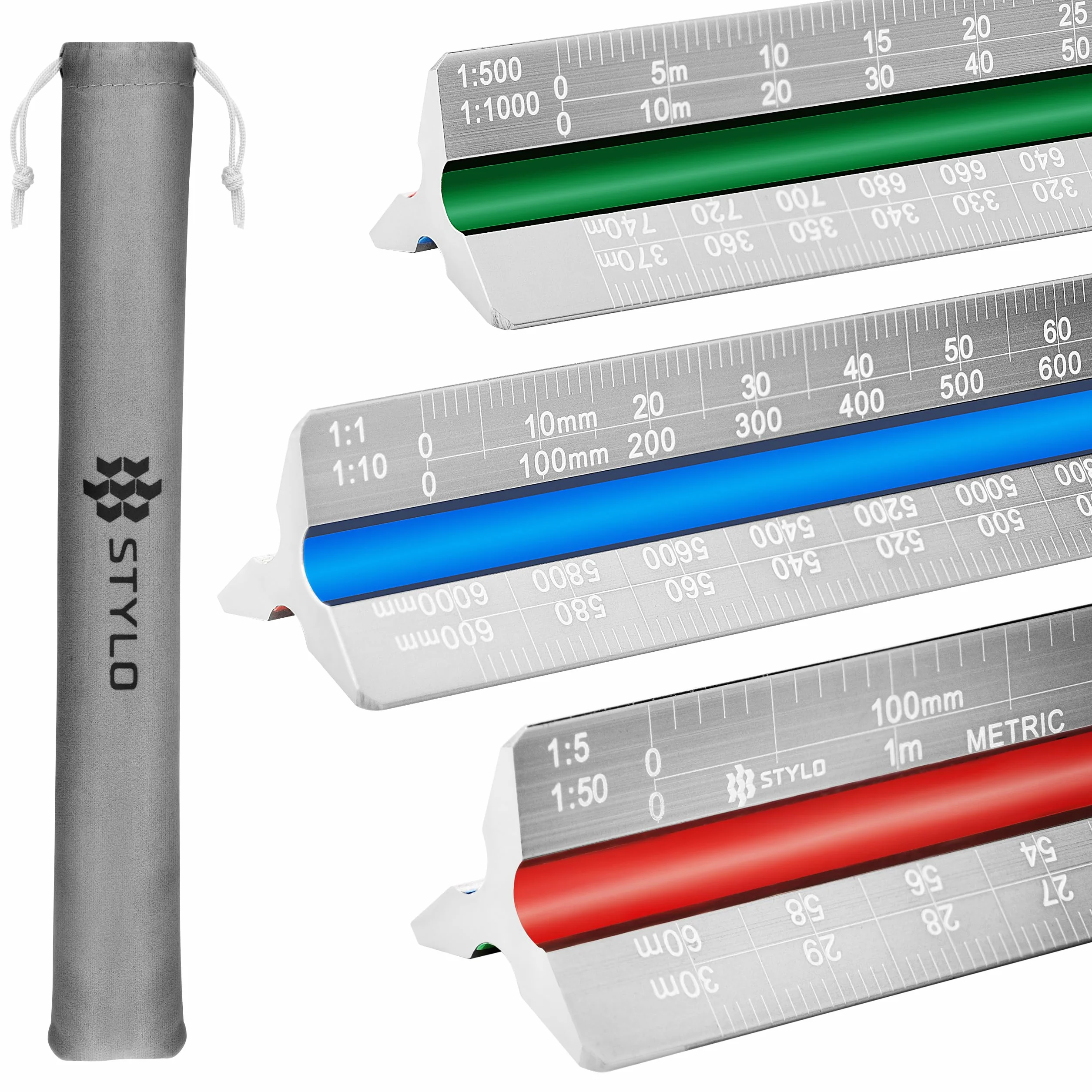 Stylo Regla de aluminio triangular 30 cm ranuras codificadas por colores escala arquitectónica métrica