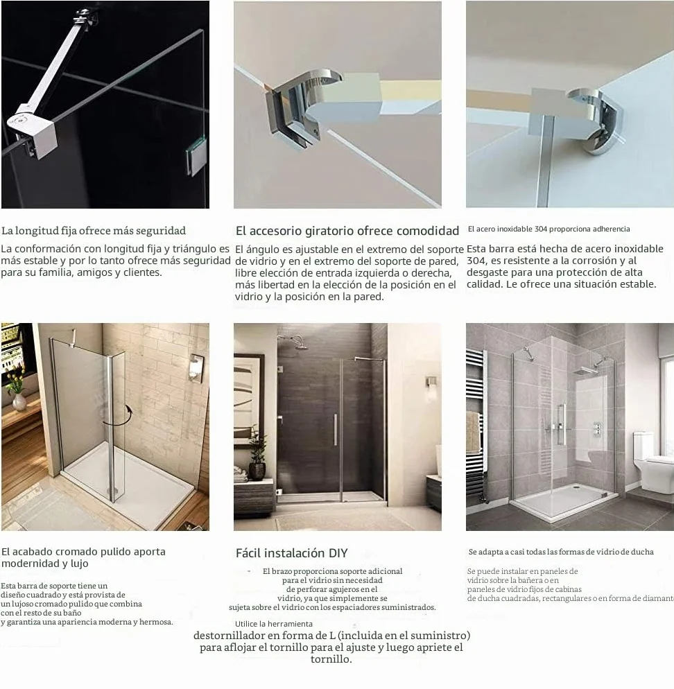 Barras de apoyo de la pared al vidrio para colocar paneles de puerta de ducha, sin marco, acero inoxidable, para vidrios de 6 mm a 10 mm de grosor de M-Home