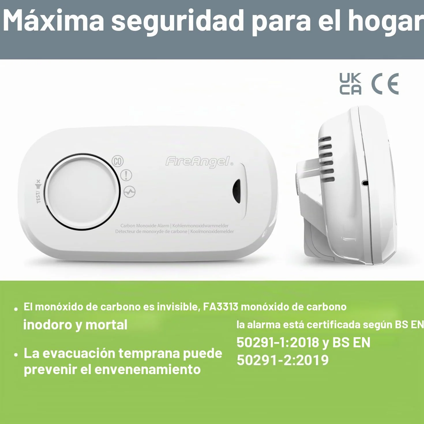 FireAngel Detector de Monóxido de Carbono con Sensor – Alarma de CO Portátil para Hogar y Vacaciones - Monitorea Monóxido Carbono - FA3313, Blanco