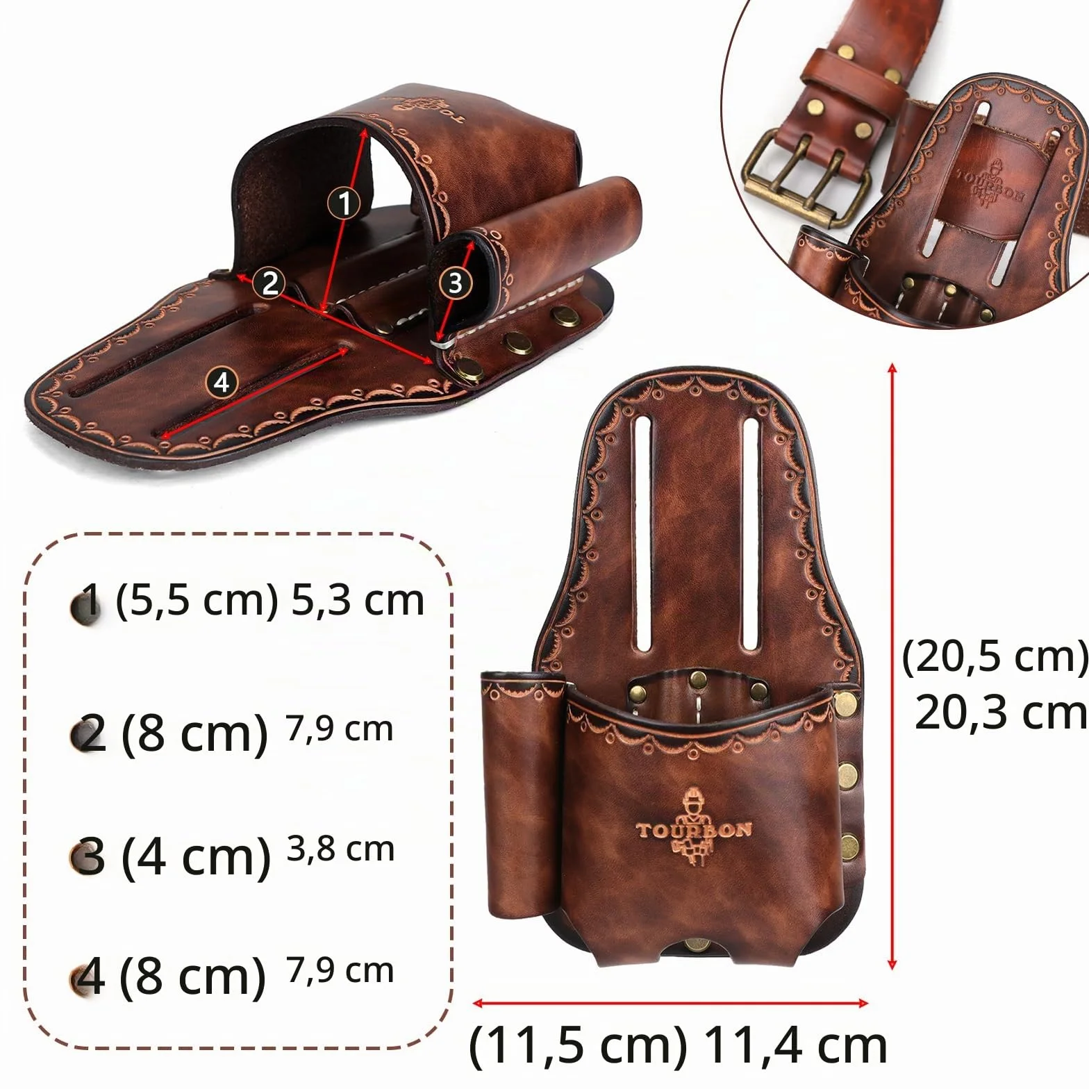 TOURBON - Soporte grande de piel auténtica para cinta métrica de cinturón, bolsa de herramientas con martillo, funda para cuchillos utilitarios, trabillas para lápices