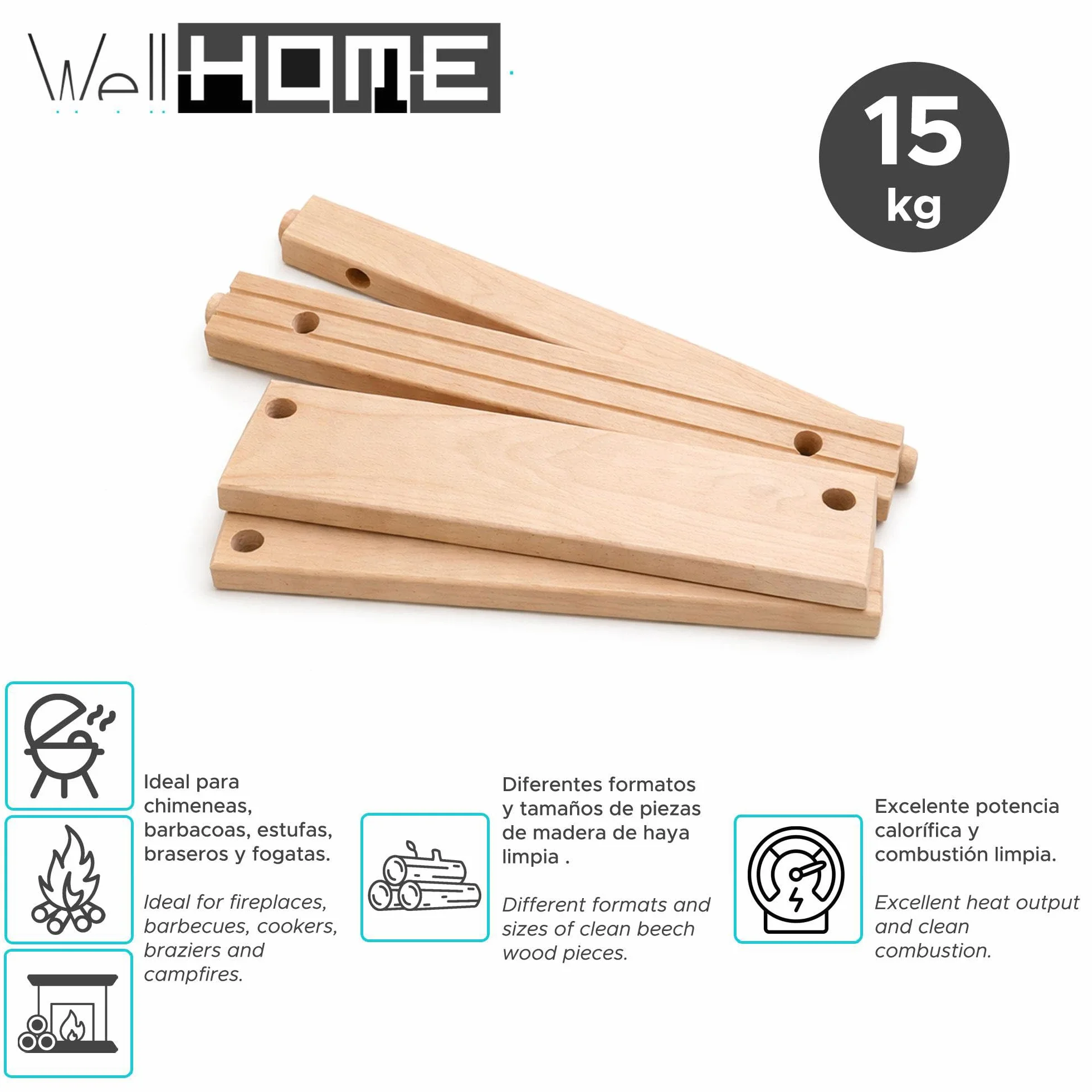 Caja de Leña de Haya 15 kg/Madera Seca Natural en Piezas Mecanizadas y Lijadas/Corte Uniforme/para Chimeneas, Barbacoas y Hornos/Sin Tratamientos