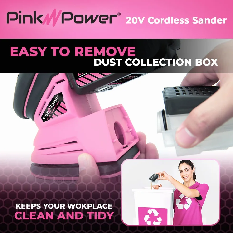 Pink Power Detail Sander - Lijadora de mano eléctrica inalámbrica de 20 V para muebles de madera, mini lijadora de palma con papel de lija, batería de iones de litio y cargador, pequeña lijadora de