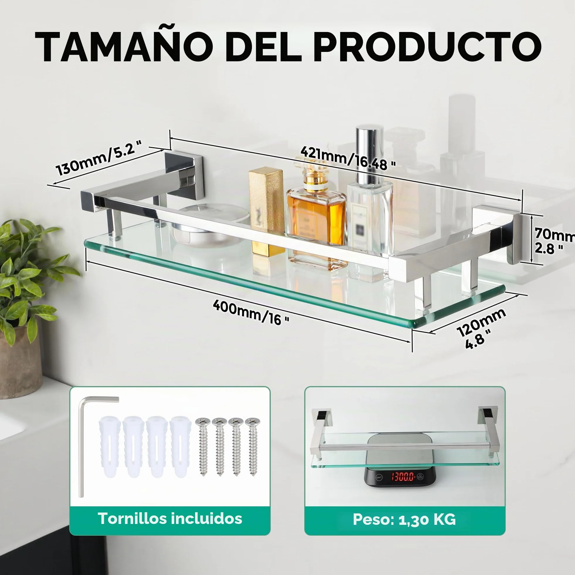 SAYAYO Estanteria Baño, Estanteria Ducha Cristal Pared Accesorios Baño Champú Organizador Baño Pulido Acero Inoxidable Soporte de Ducha de Vidrio para Baño 412mm x 130mm x 70mm, EGC2000-40-C