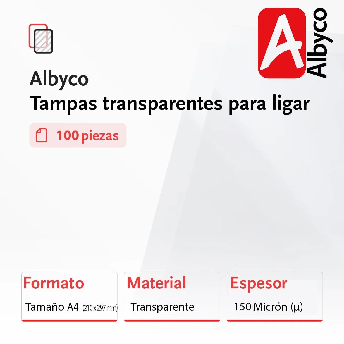 Albyco Cubiertas Transparentes Brillantes PVC A4 0,15 mm 150 Micras Portadas para Encuadernar