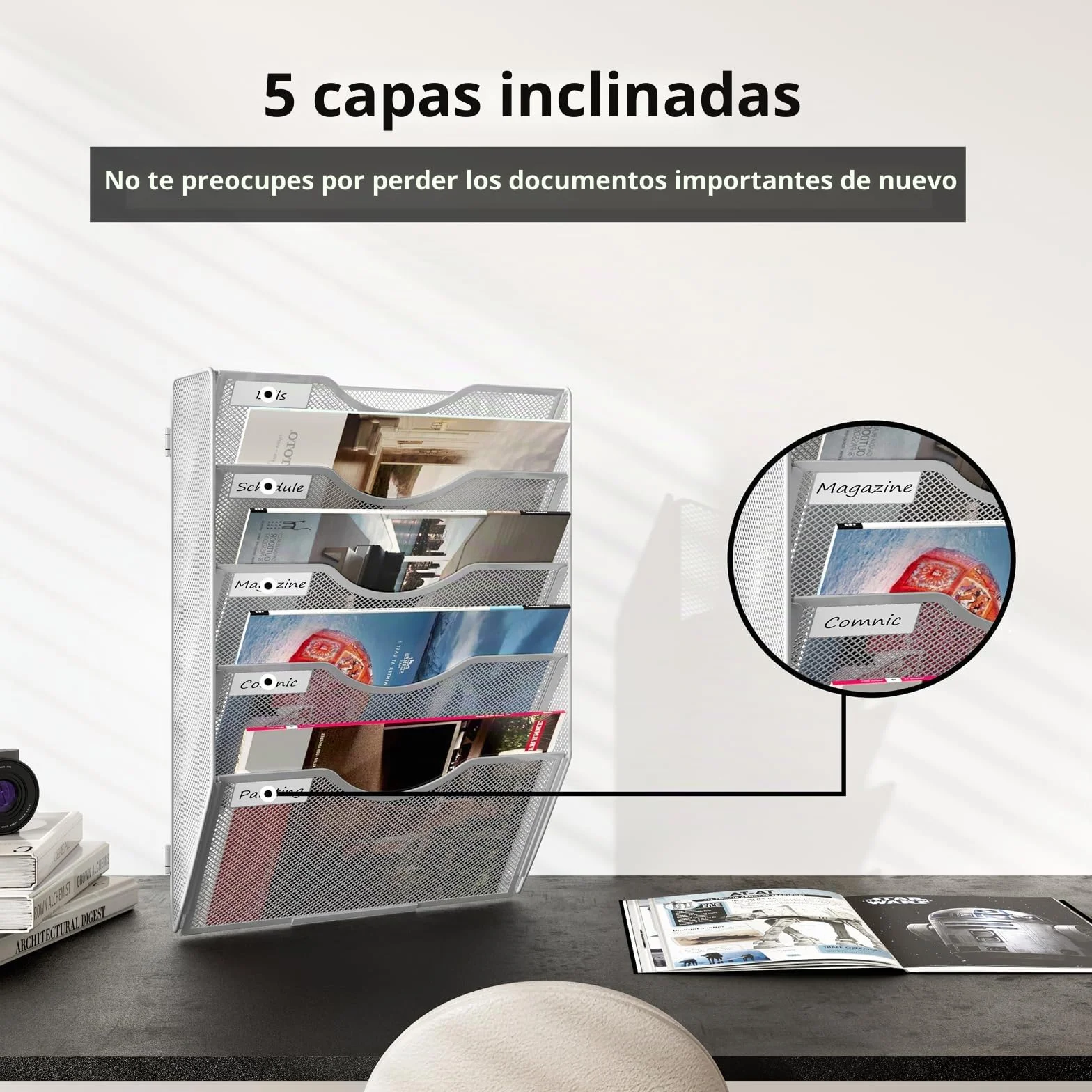 TQVAI Revistero Pared Malla Metálica 5 Compartimentos Organizador Documentos A4 Colgante Blanco