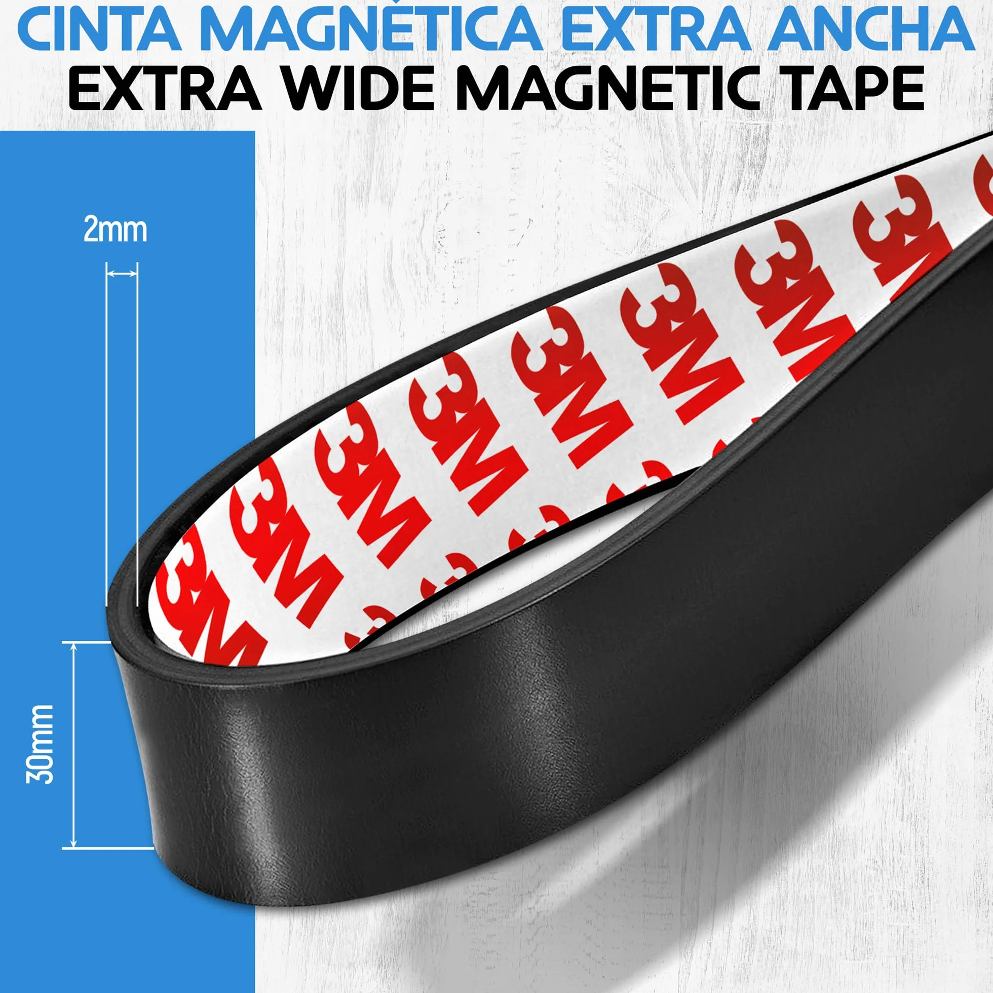 Rollo de cinta magnética - 3 metros de largo, 30 mm de ancho - Bandas magnéticas con fuerte respaldo autoadhesivo - Fácil de cortar y pegar a superficies planas