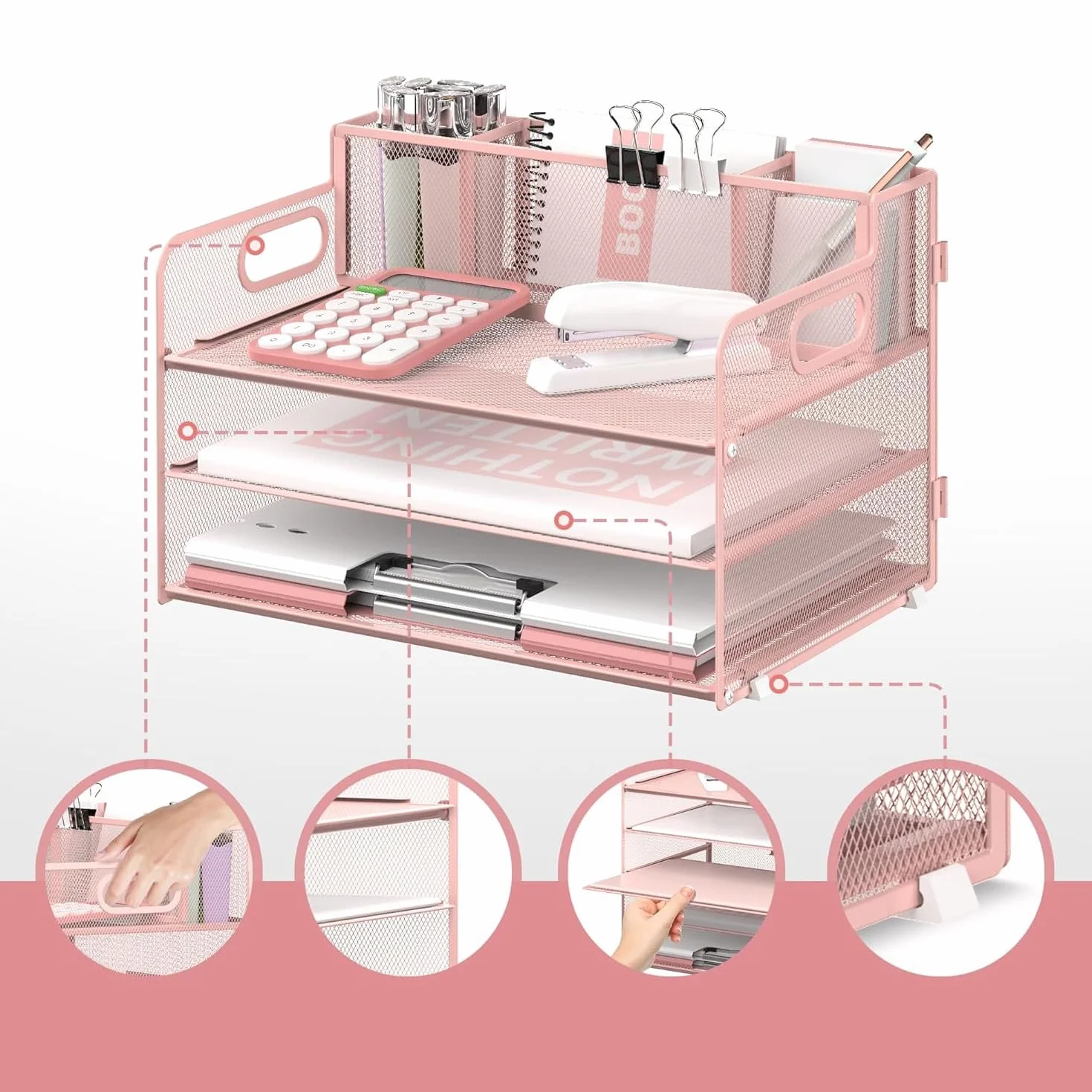 Organizador de escritorio 3 niveles con asa soportes bolígrafos papel archivos malla bandeja oficina rosa