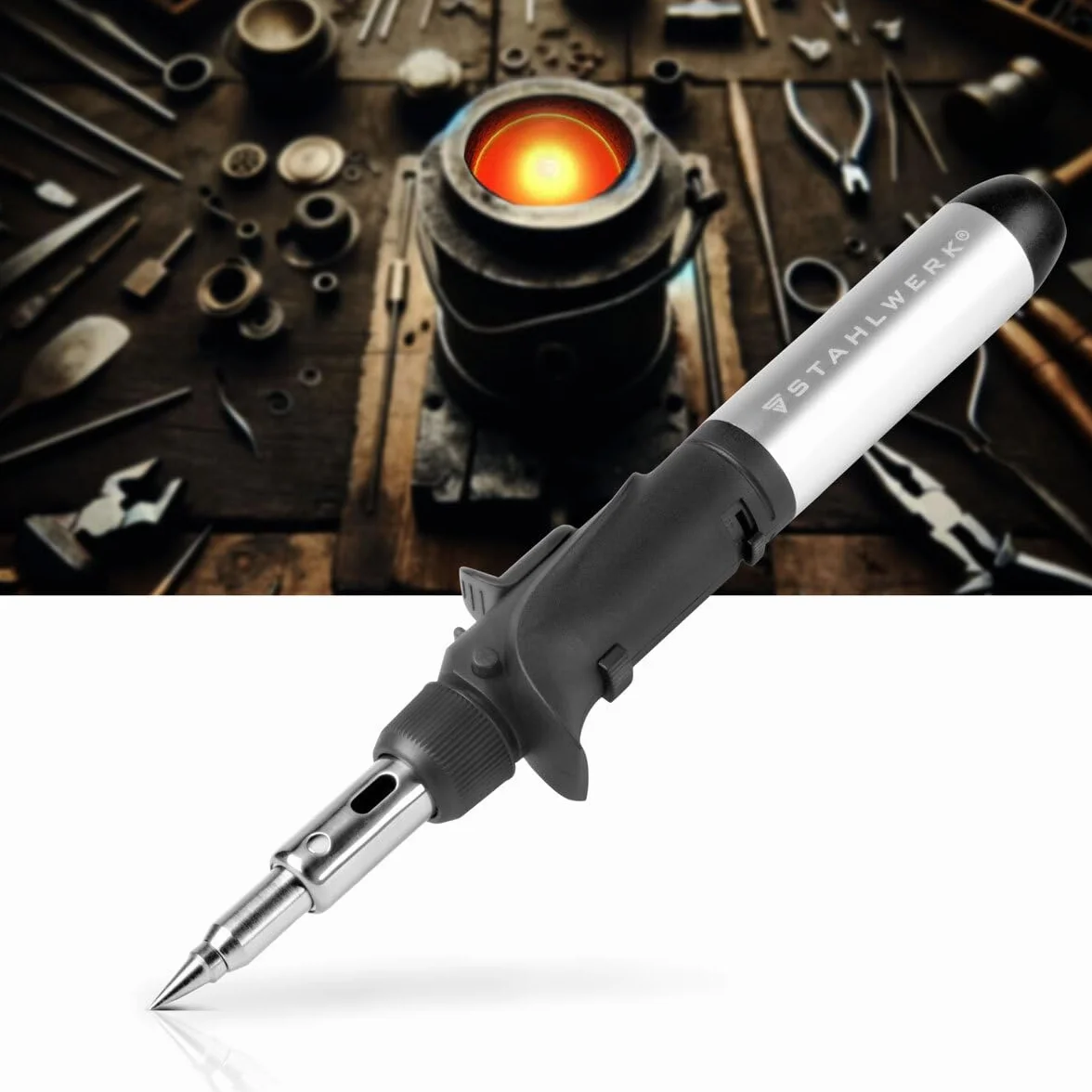 STAHLWERK soldador de gas GLK-500 ST Juego de soldadura de gas 3 en 1 de 10 piezas pistola de soldar con 200-500°C de temperatura de soldadura y boquilla de llama de 1.300°C para aire caliente