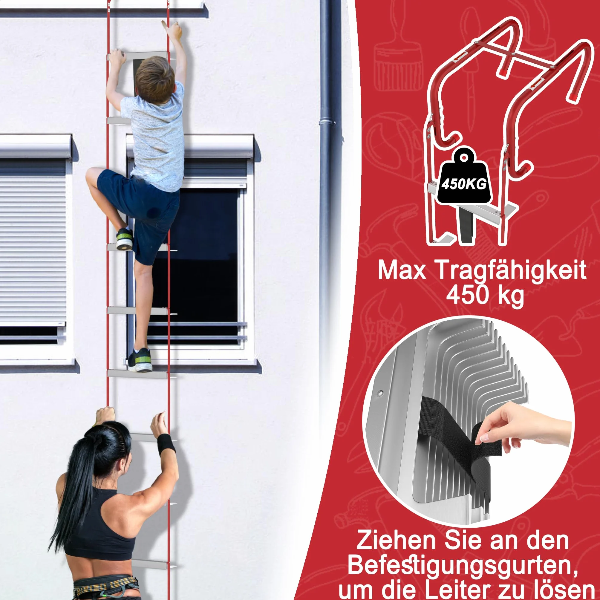 UISEBRT Escalera de emergencia ignífuga, escalera de seguridad, escalera de cuerda retráctil, adecuada para edificios de 4 pisos, balcón, ventana, capacidad de carga de hasta 450 kg (15 m/45 peldaños)