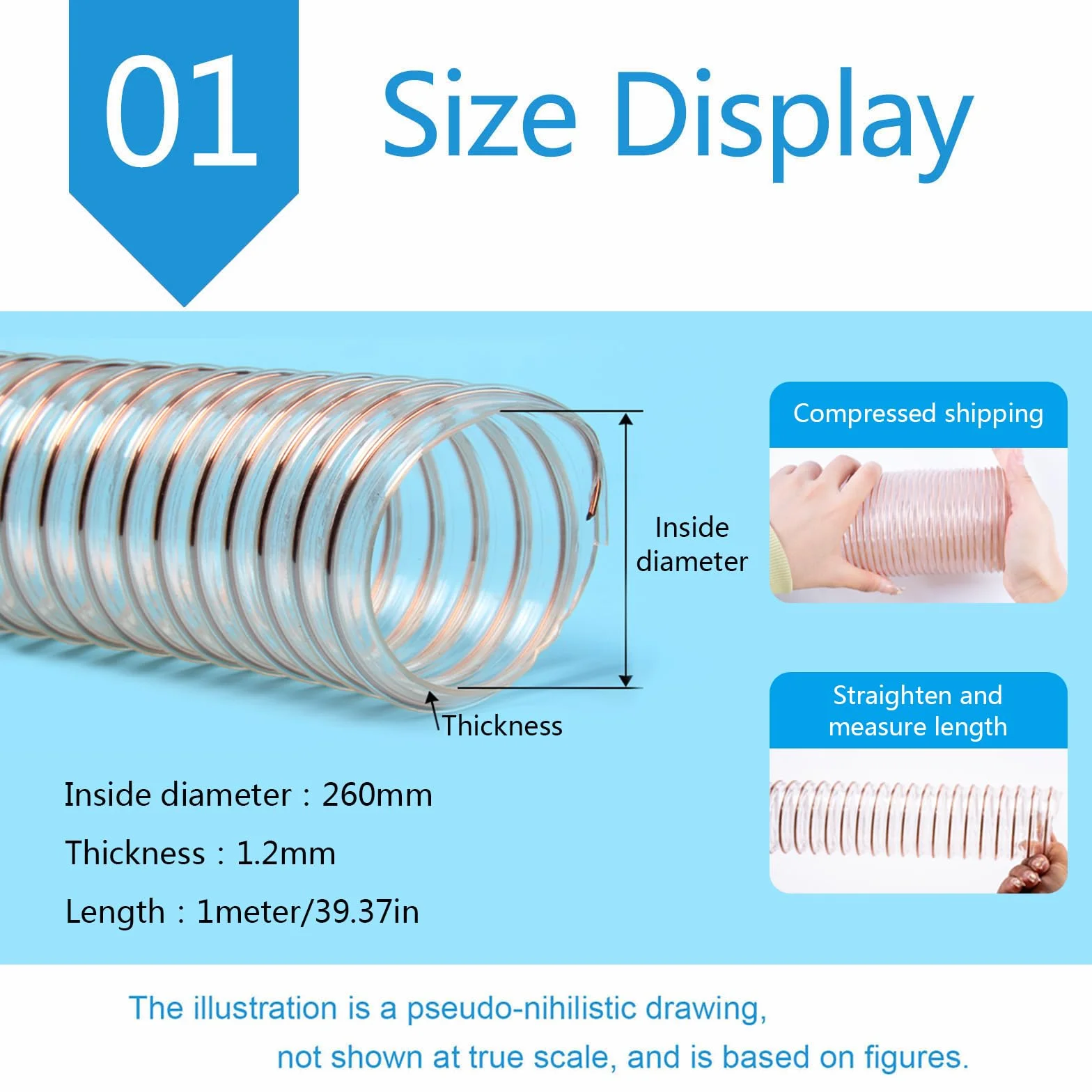 Manguera De Aspiración De Poliuretano Tubo Flexible De PU 1 Metro para Talleres De Carpintería, Espesor De Pared 1,2mm,Inner Diameter:260mm