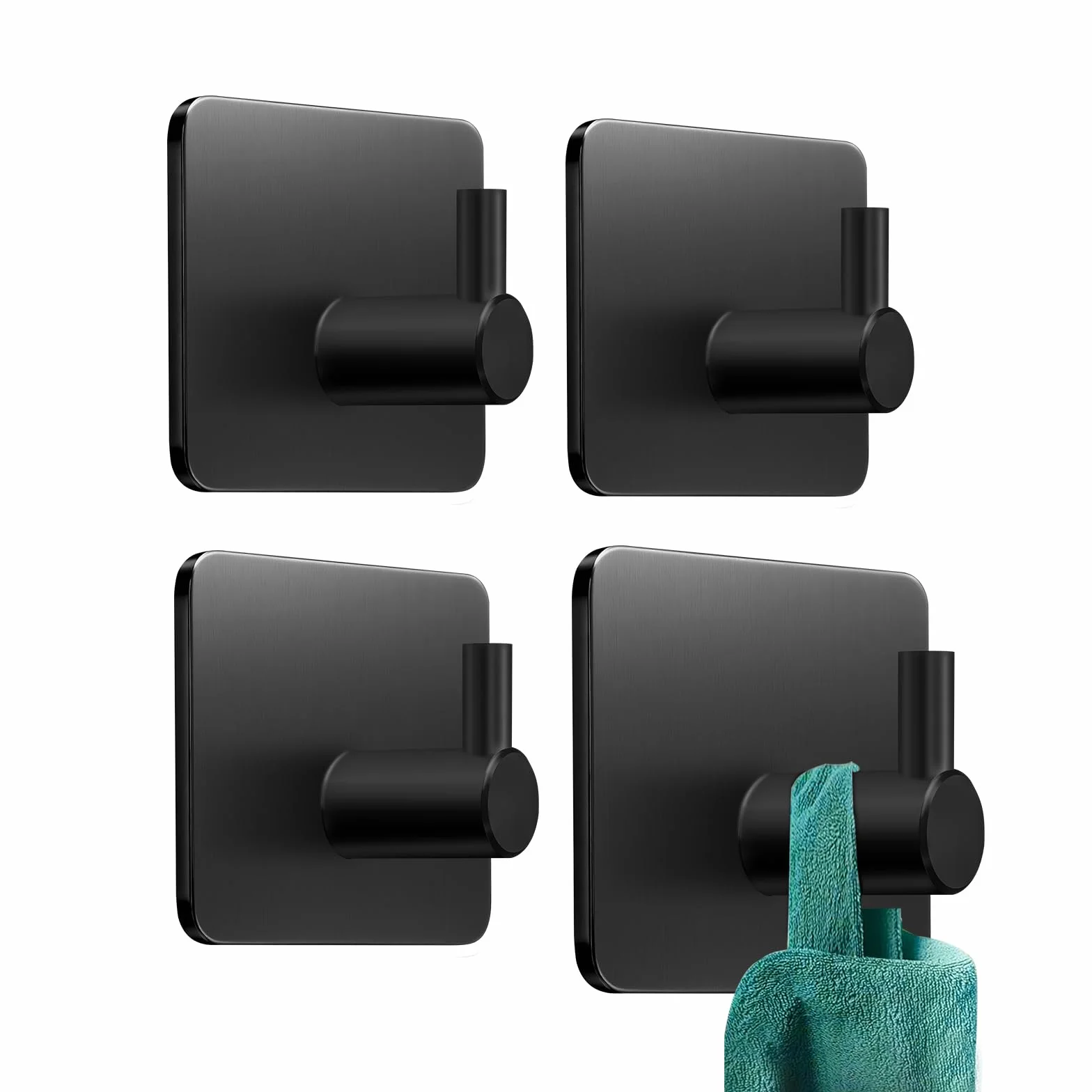 Ganchos Adhesivos para Pared Acero Inoxidable, 4 Piezas Negro, Colgadores Adhesivos, Autoadhesivo Colgador Toallas, Accesorios para Baño Extrafuertes y Sin Taladro, Multi-Uso para Llaves y Ropa