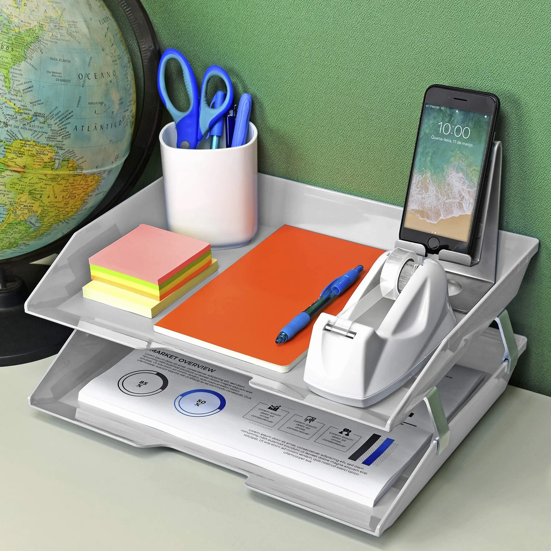 Acrimet Bandeja de 2 Niveles para Cartas Carga Lateral A4, Organizador de Archivos de Escritorio, Plástico Blanco