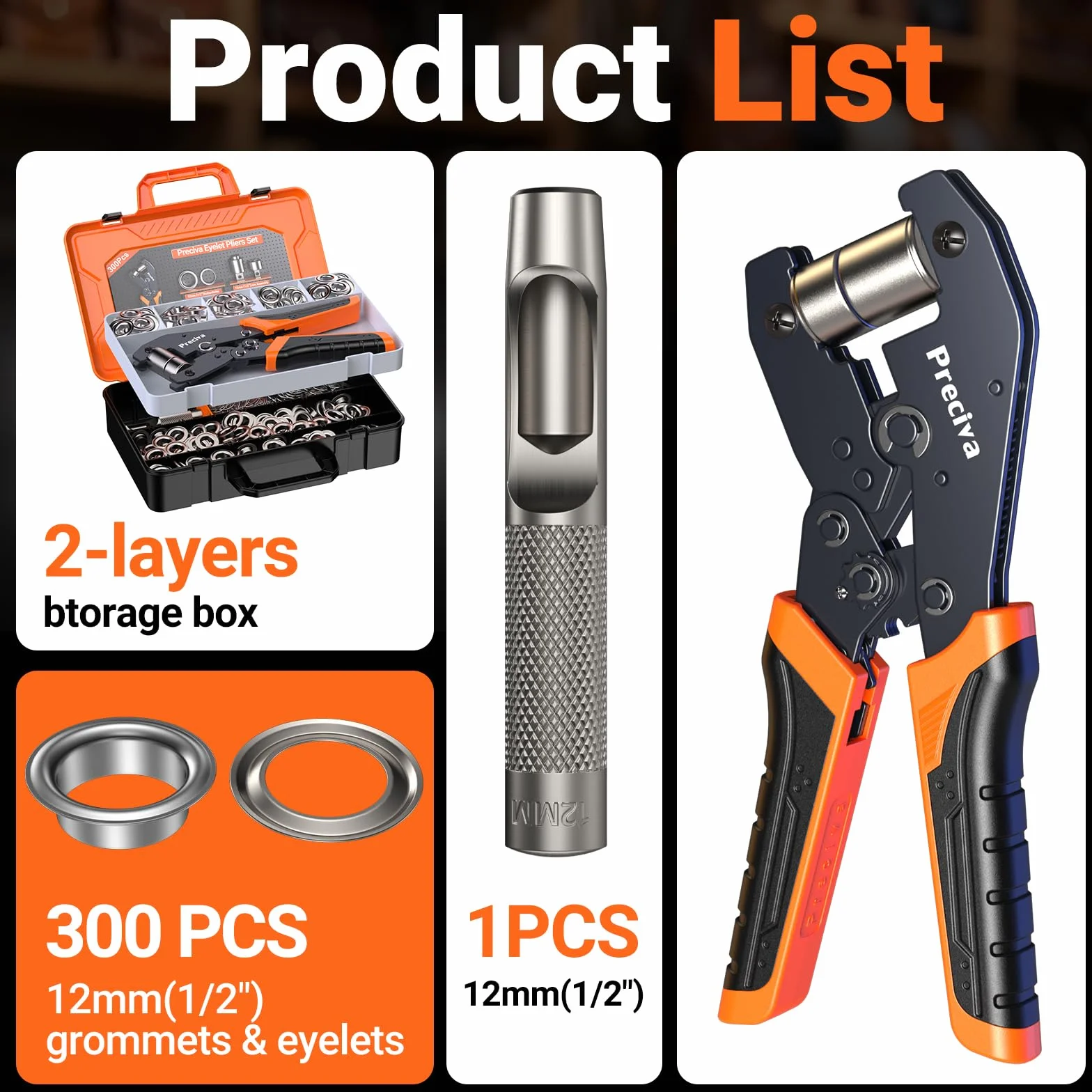 Ojales para Lonas Profesionales, Máquina de Ojales Preciva con 300 Piezas de Ojales (Ø Interno 12mm), para Lonas Multifunción para Cuero, Lonas, Cartón, PVC, Telas y Toldos, etc.