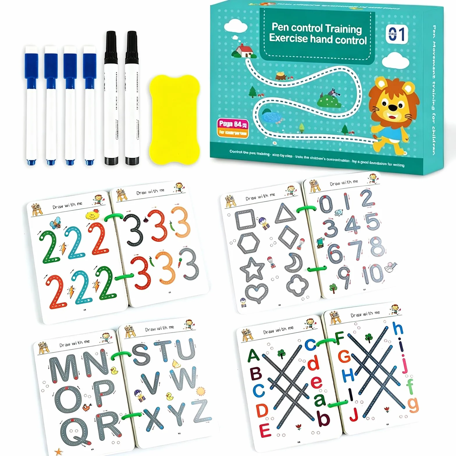 64 páginas Cuaderno Aprender a Escribir Números, Dibujo, Matemáticas y Letras, Libros de Trazado Reutilizables para Niños de 3 4 5 6 Años, Libros de Actividades Preescolares, Libro Vacaciones