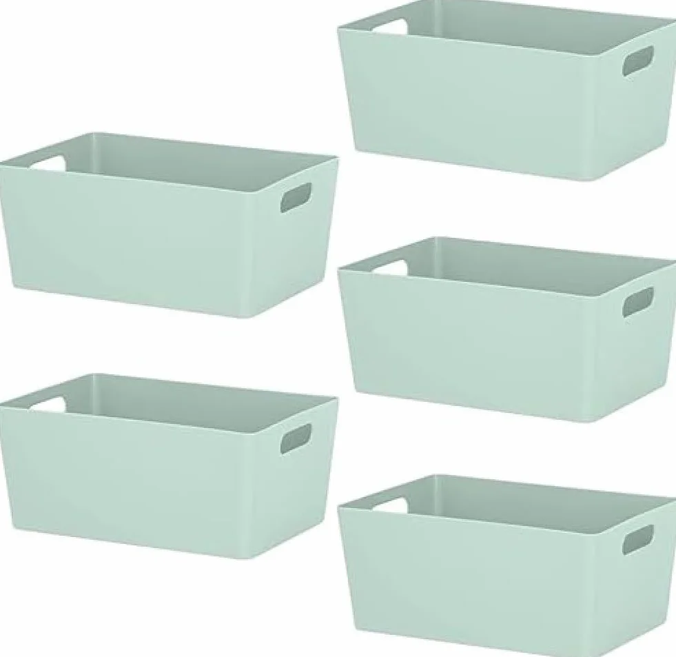 NIFTII Paquete de 5 cestas de almacenamiento de plástico con asas de 3,9 L, color salvia, organizador rectangular de almacenamiento para armario, cajas de almacenamiento de ropa, cestas de
