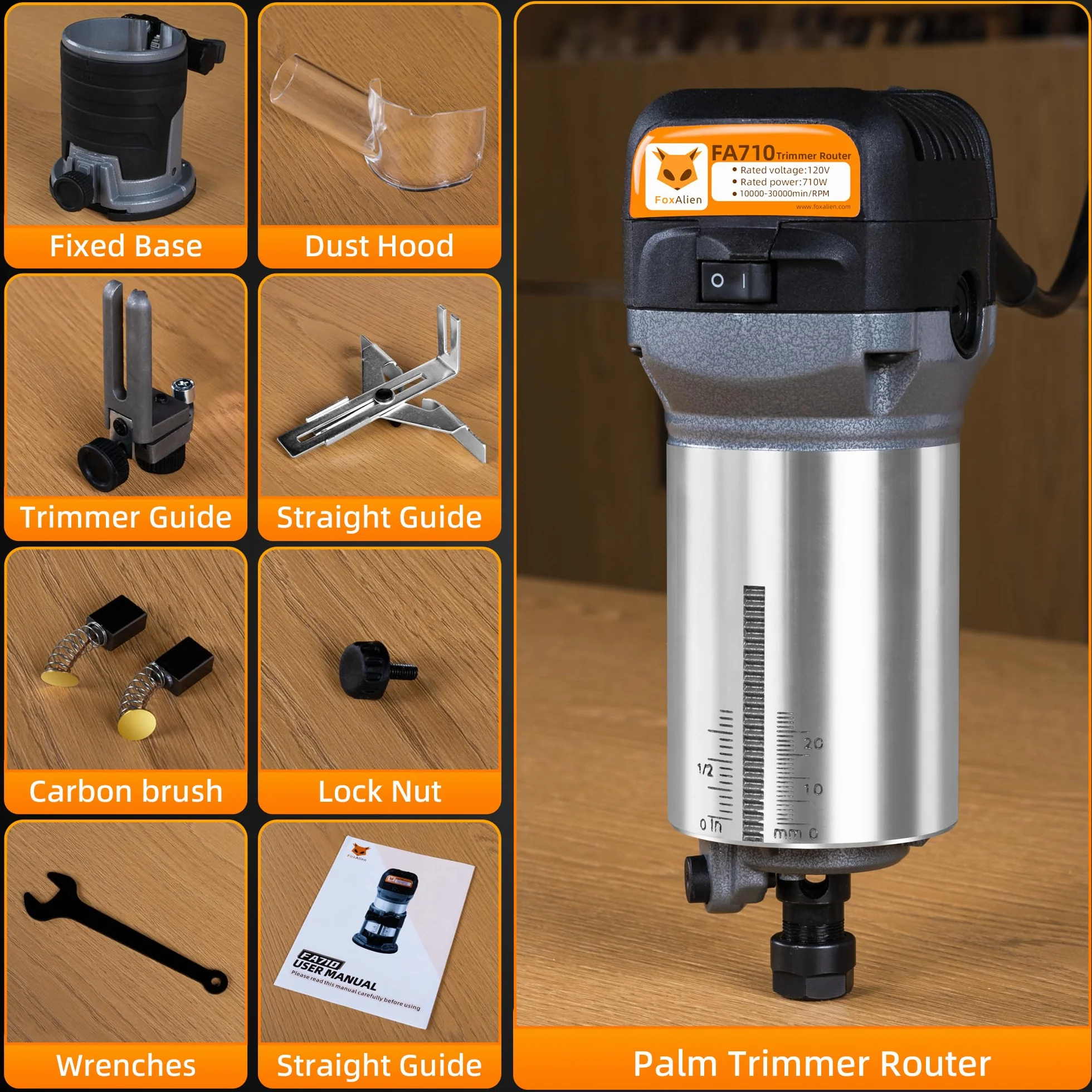 FoxAlien 1 HP 710 W 65 mm de diámetro compacto router de palma para fresadora CNC, 6 velocidades variables Max 30000 R/MIN recortadora de madera con colección de 1/4 pulgadas