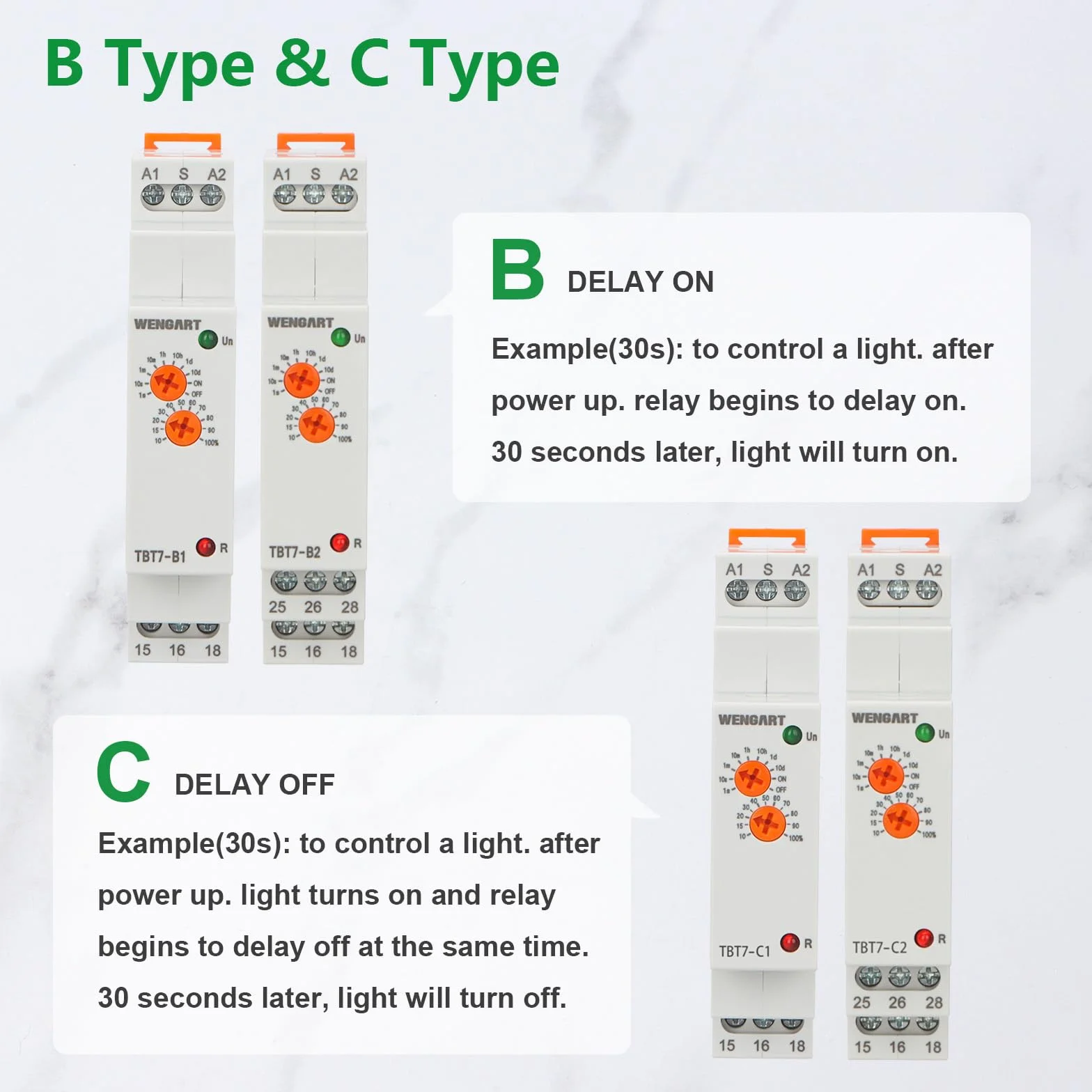 Wengart Relé de tiempo de retardo TBT7-C1, Delay Off_1SPDT Apagado retrasado relé de retardo de tiempo con función única, ACDC12-240V 16A, adecuado para el control de retardo de la carga