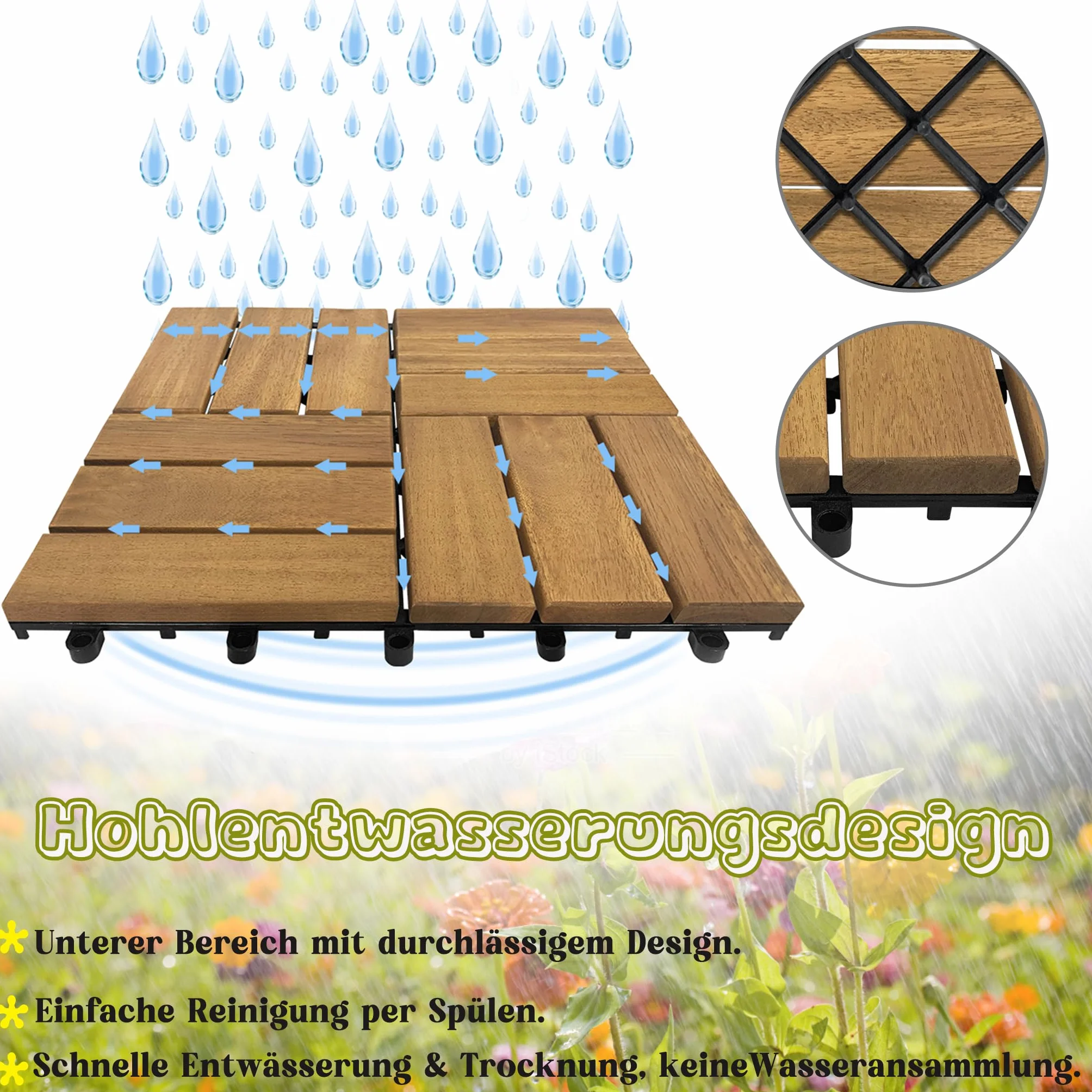 XMTECH Baldosas de madera de 1 m² con clic, de madera de acacia, azulejos de balcón, juego de 11 unidades, 30 x 30 cm, con sistema de drenaje y sistema de clic (modelo B)