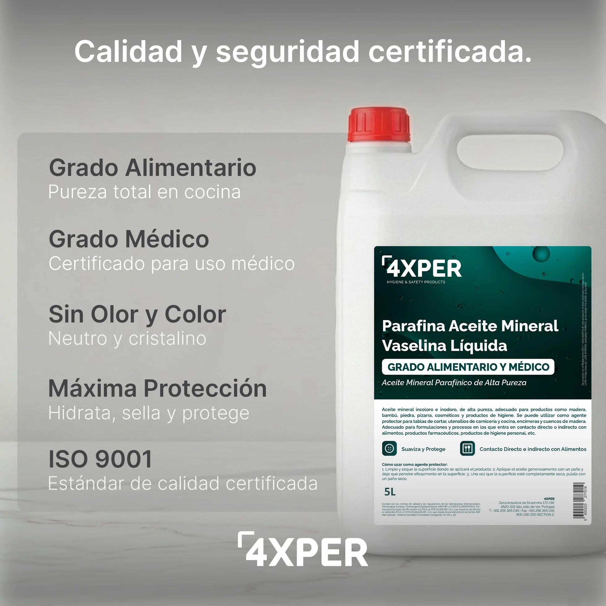 Aceite Mineral Alimentario 5L – Parafina Líquida/Vaselina Líquida Grado Alimentario y Médico – Alta Pureza, Incoloro e Inodoro – Para Madera, Bambú, Cocina y Formulación Cosmética