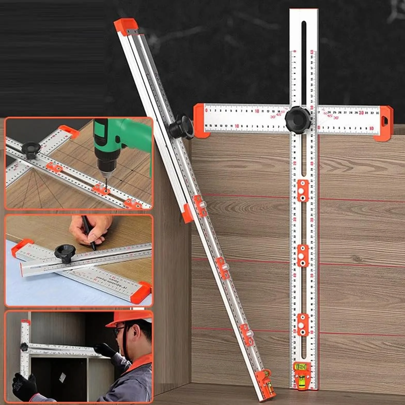 Regla de posicionamiento de perforación 2 en 1, herramientas de calibre de dibujo para carpintería, regla de medición multiángulo de alta precisión de 60 cm para carpintería