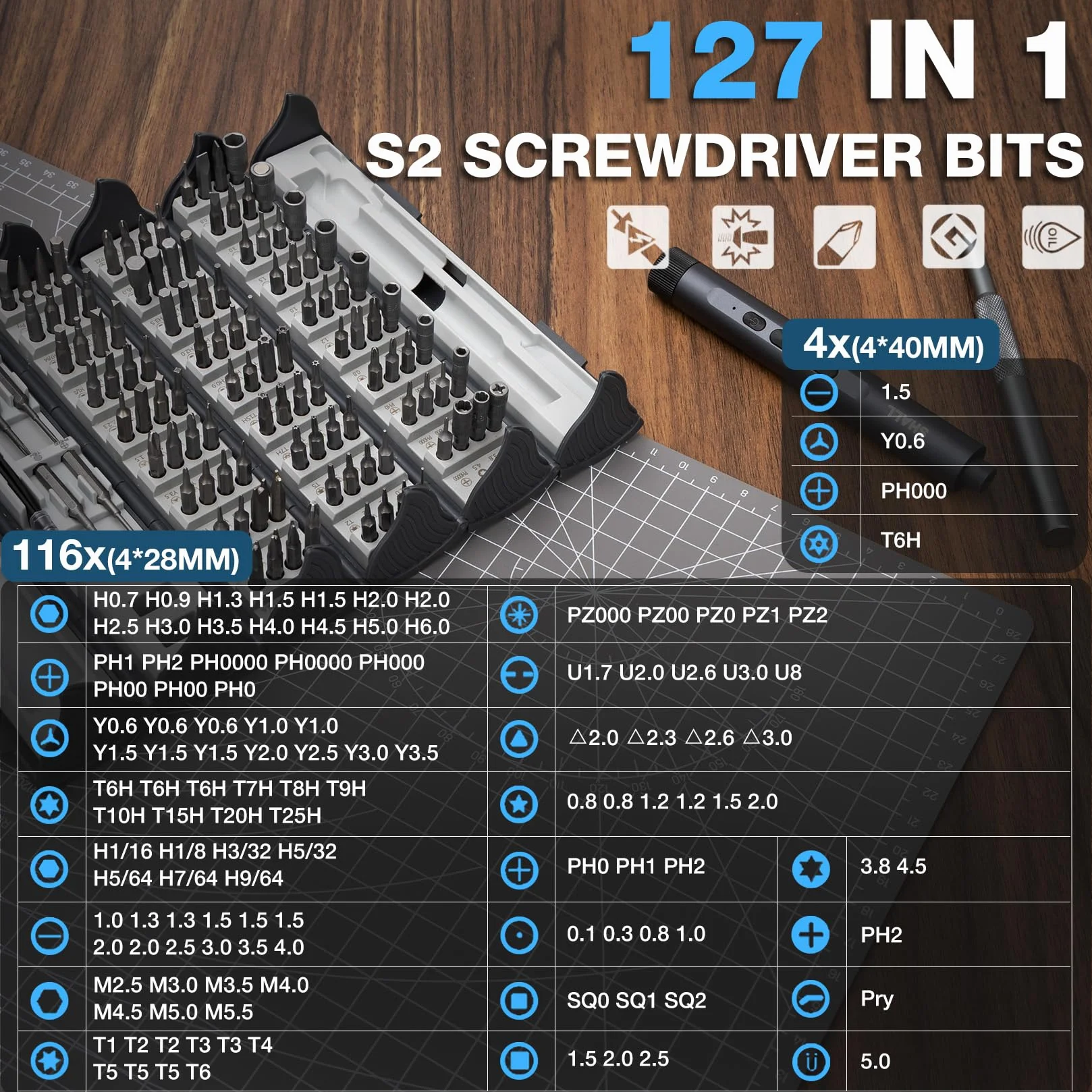 SHALL 127 piezas Mini-destornillador eléctrico-set, 120 piezas S2-bits con destornilladores eléctricos y manuales en estilo pin para computadoras portátiles, iPhones, gafas y electrónica